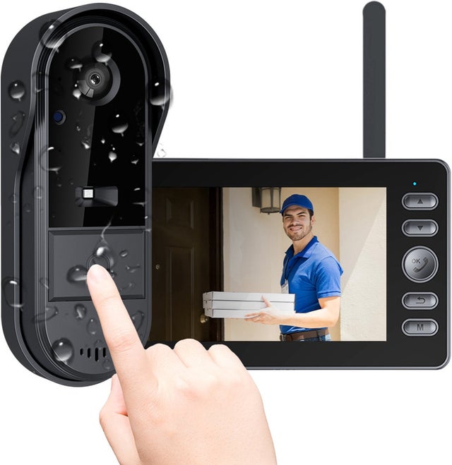 Campainha de vídeo com tela de 4,3 polegadas, interfone de vídeo interno sem fio, visão noturna, áudio duplo, sem necessidade de aplicativo/Wi-Fi