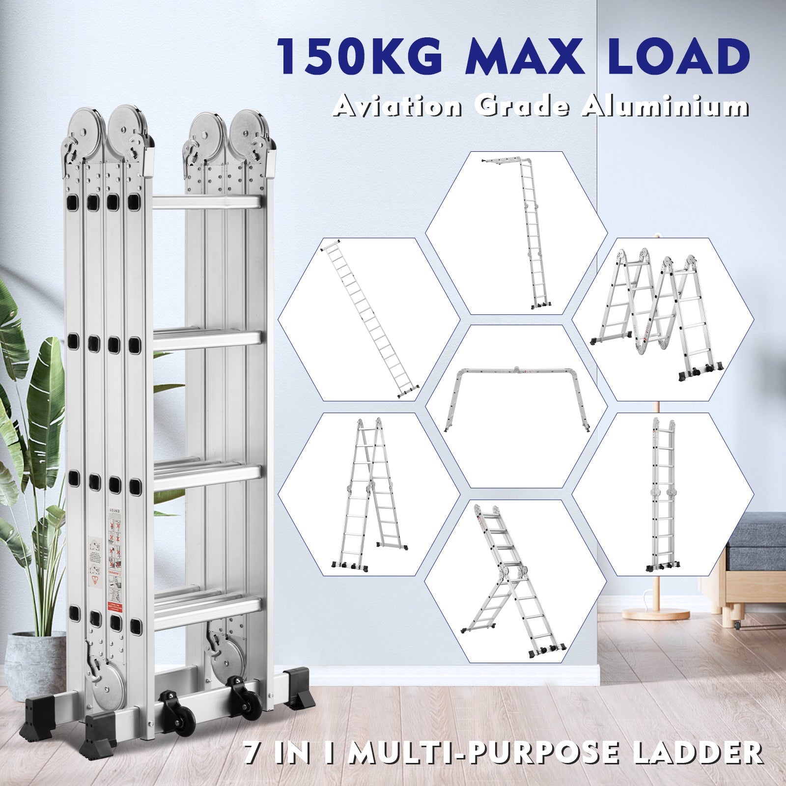 TEENO Échelle télescopique 7 en 1, Échelle Transformable 4,7 m, 2 marches épaisses antidérapantes - 6