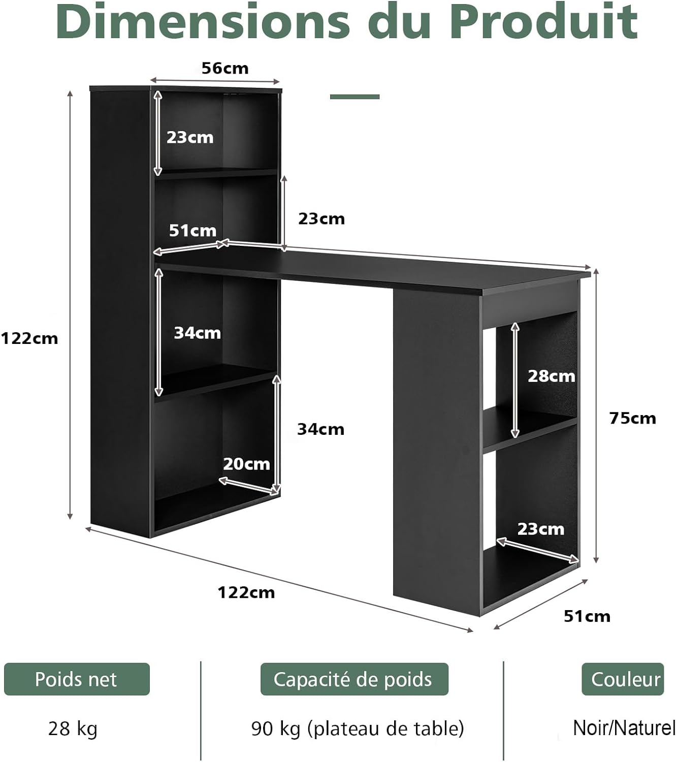 Bureau d'Ordinateur Réversible avec Bibliothèque, Assemblage Facile, pour Maison, Bureaux (Noir) - 4