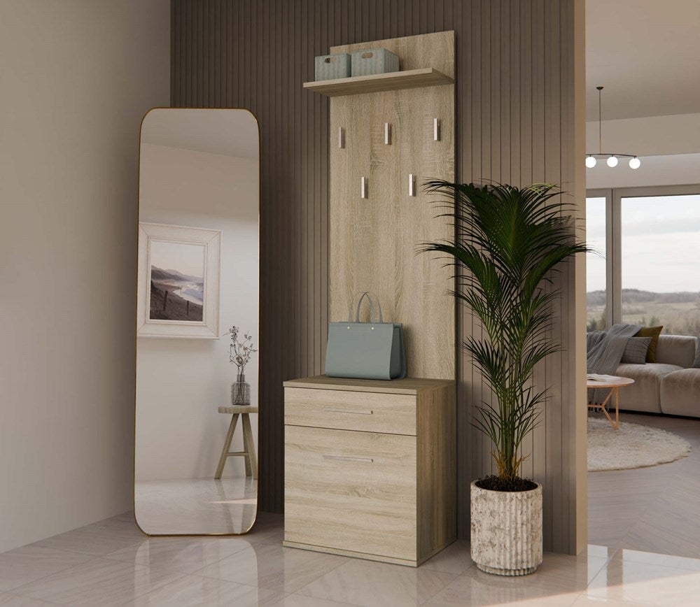 VIONI - Armadio guardaroba ingresso - Appendiabiti a parete con ripiano - 5 ganci - Cassetto + contenitore - 5