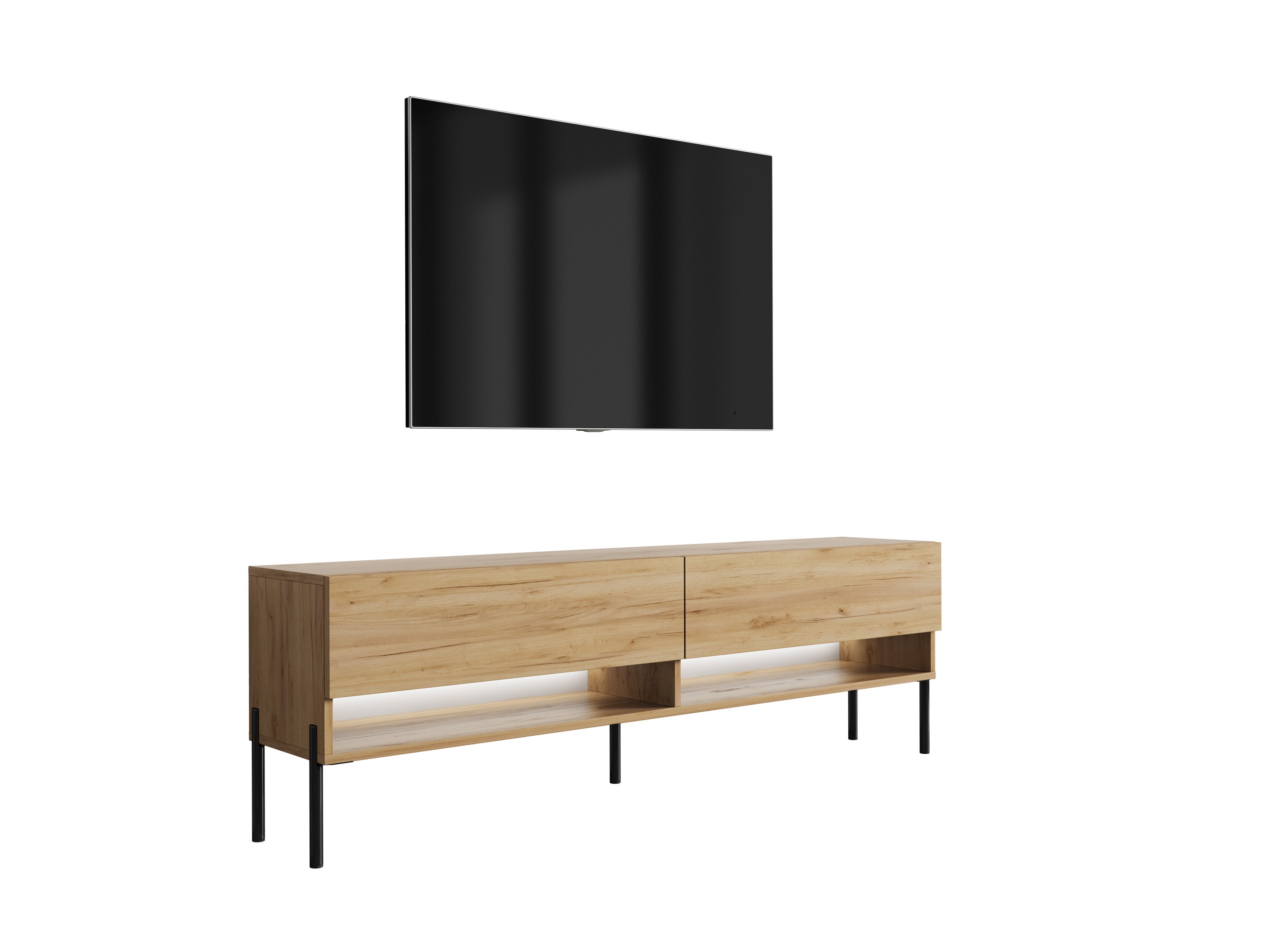 Szafka RTV : Dąb Craft, nóżki proste czarne, LED biały, 170 × 32 × 52 cm