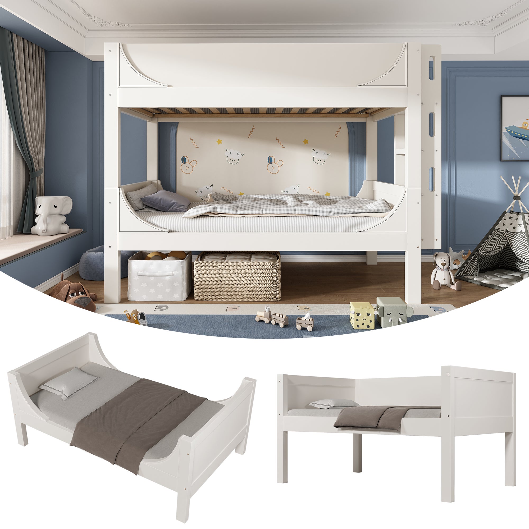 Rozdzielane łóżko piętrowe 2 x 90 x 200 cm z drabinką i panelem ochronnym - Drewno lite + MDF - dla dzieci - Białe (bez materaca)