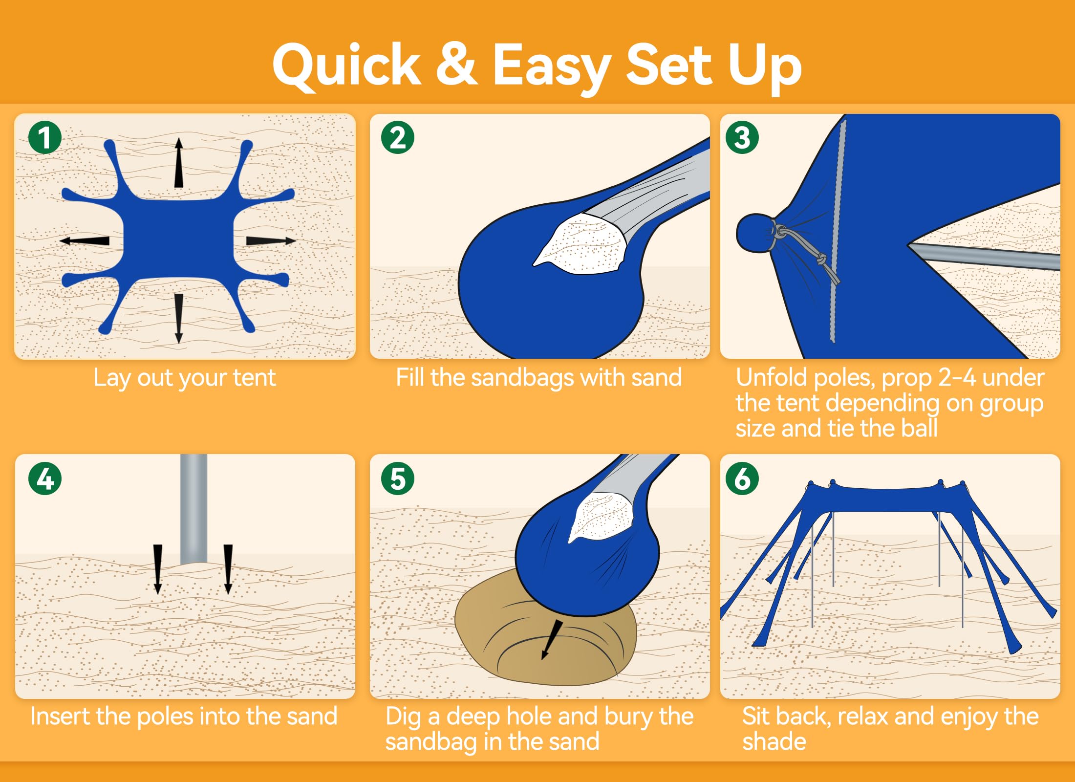 Tente de plage extérieure, pare-soleil de protection UPF50+ avec 8 sacs de sable, 10 x 10 pieds, pouvant accueillir jusqu'à 8 personnes, bleu marine - 4