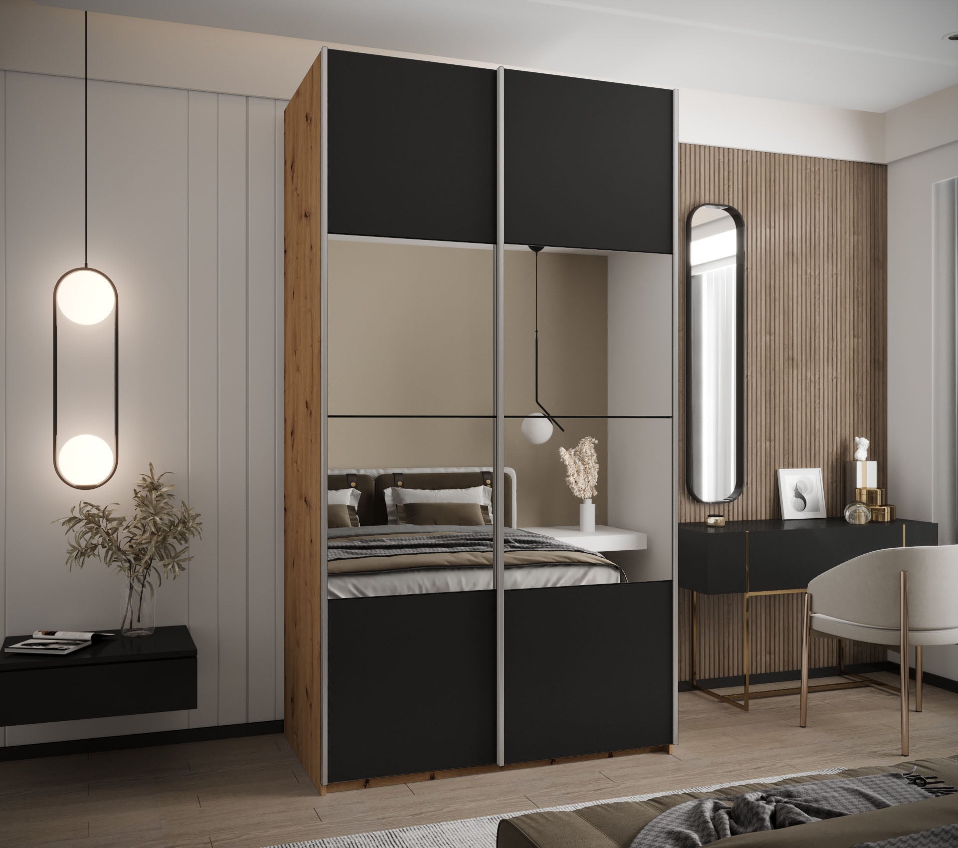 Szafa przesuwna wysoka Lux 4 130 x 64 x 245,5 cm artisan + czarny + u. srebrny - Abiks Meble - 2