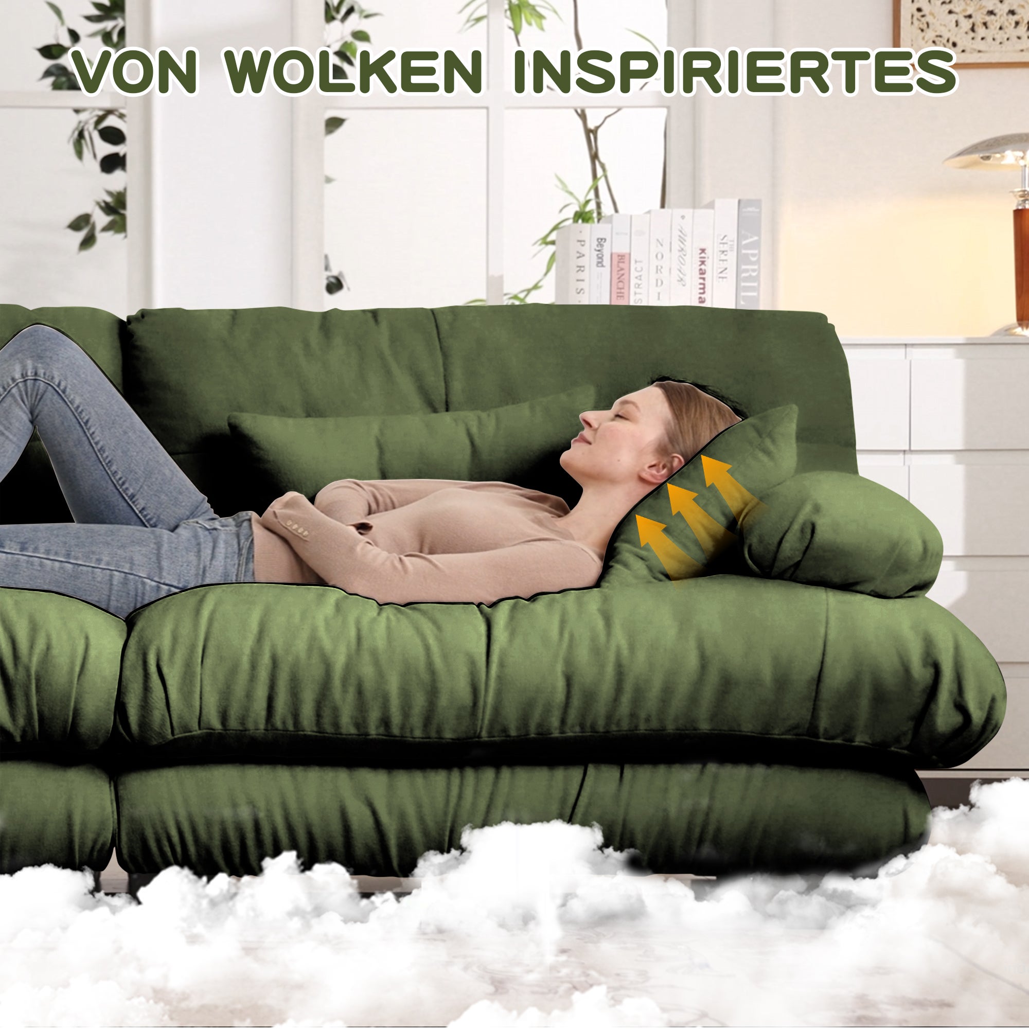 Canapé d'angle extra large en forme de L,Canapé nuage 3 places avec 1 repose-pieds,Canapé modulable avec coussins lombaires,Chenille,Vert - 7