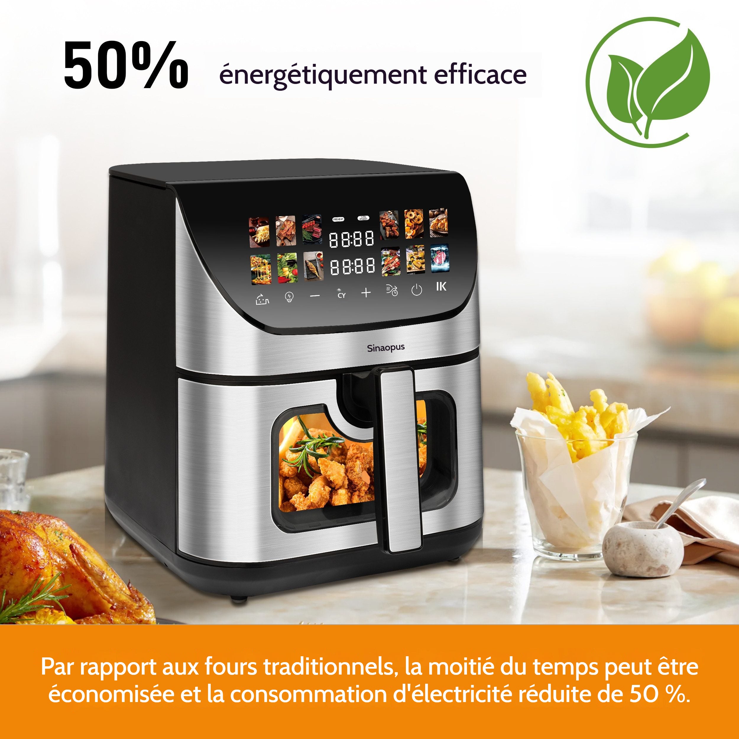 Friteuse à air chaud 8,5 L avec fenêtre de visualisation et écran couleur 12 programmes de cuisson, écran tactile LED couleur noir - 6