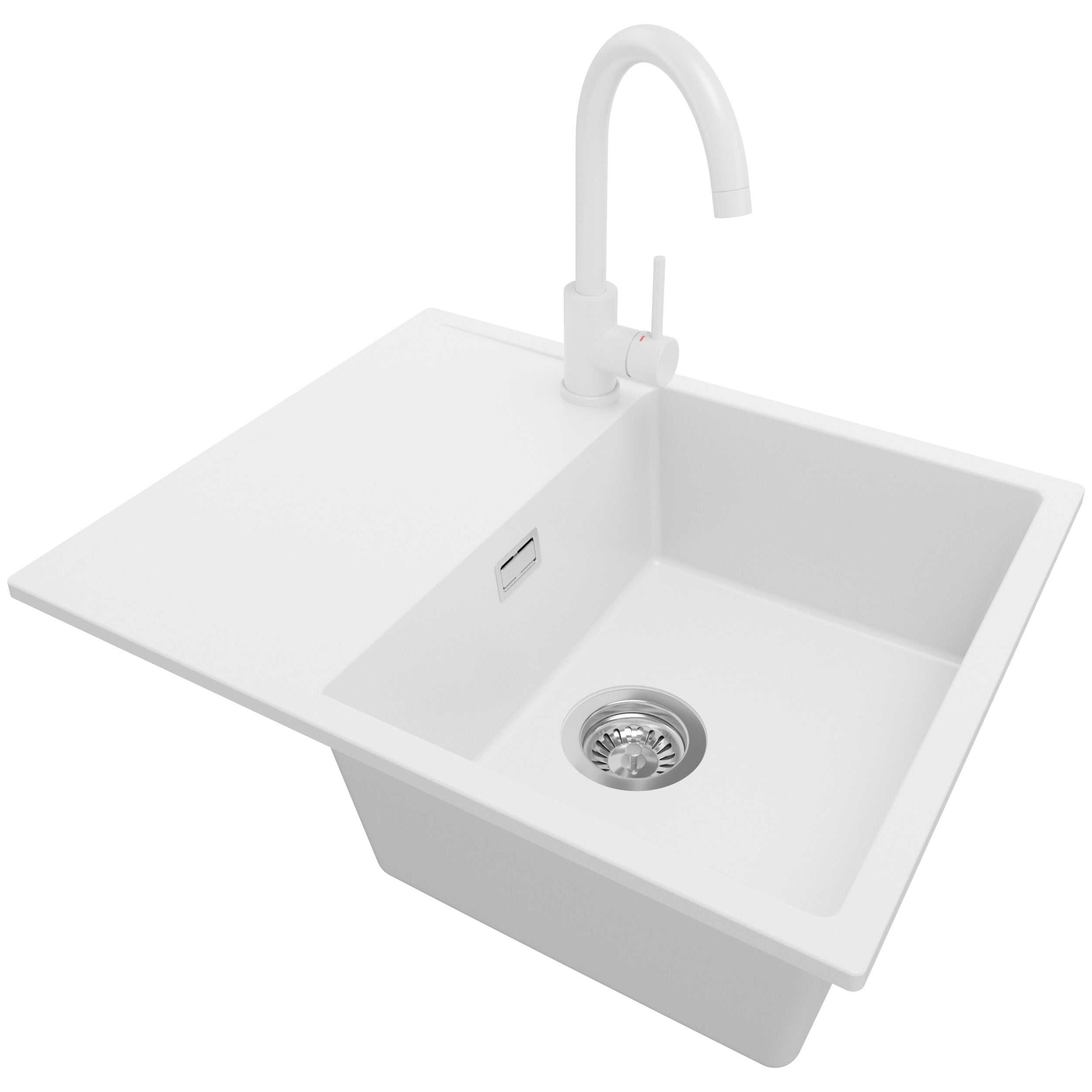 Zlewozmywak Granitowy Biały 62x50cm, Zlew Kuchenny 1 Komorowy + Bateria 32x20cm + Syfon, Nablatowy do szafki od 45cm - Ibiza PRIMAGRAN