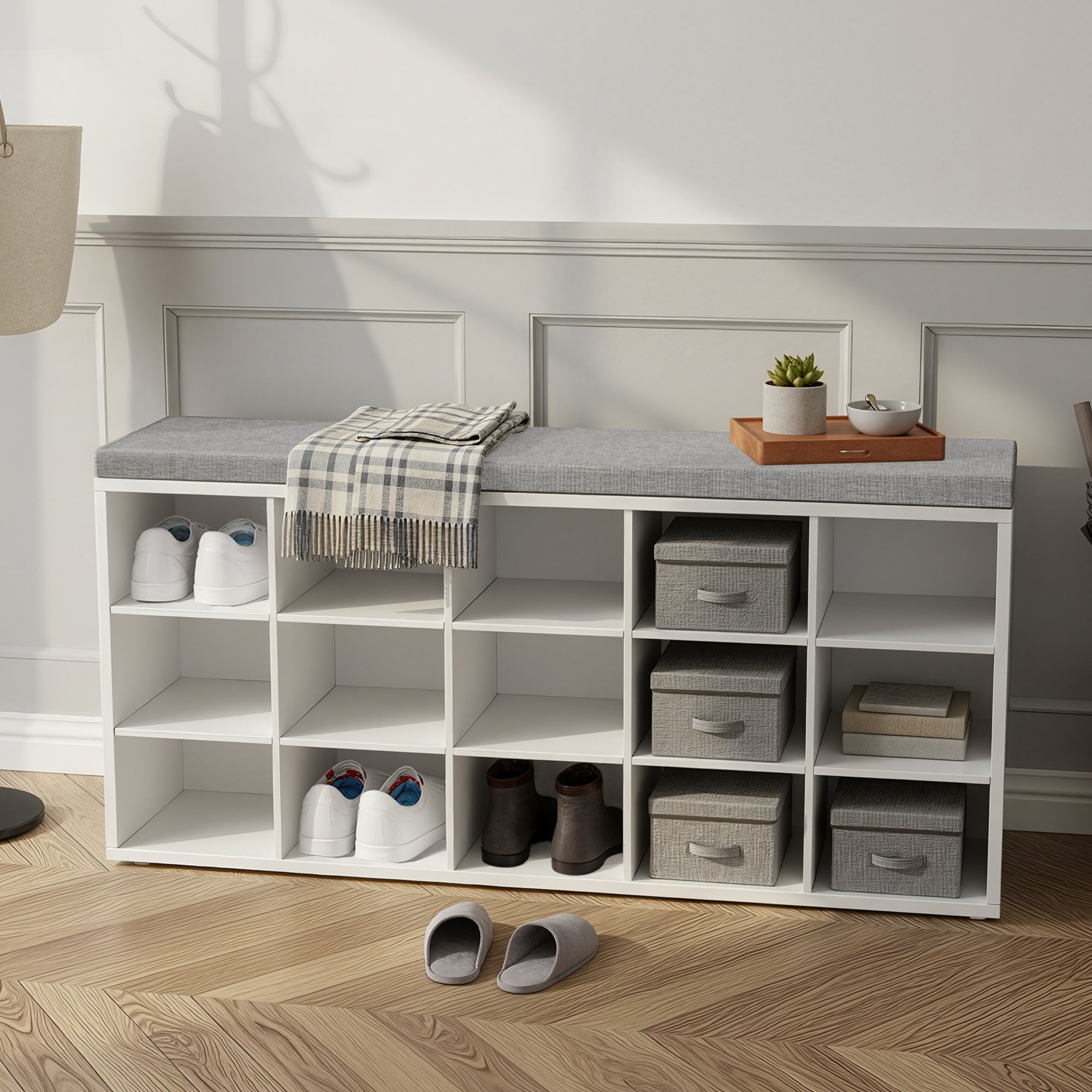 Banc à Chaussures, Banc de Rangement avec Siège Rembourré, 15 Compartiments, Étagères Réglables, pour Salon, Couloir, Blanc - 2