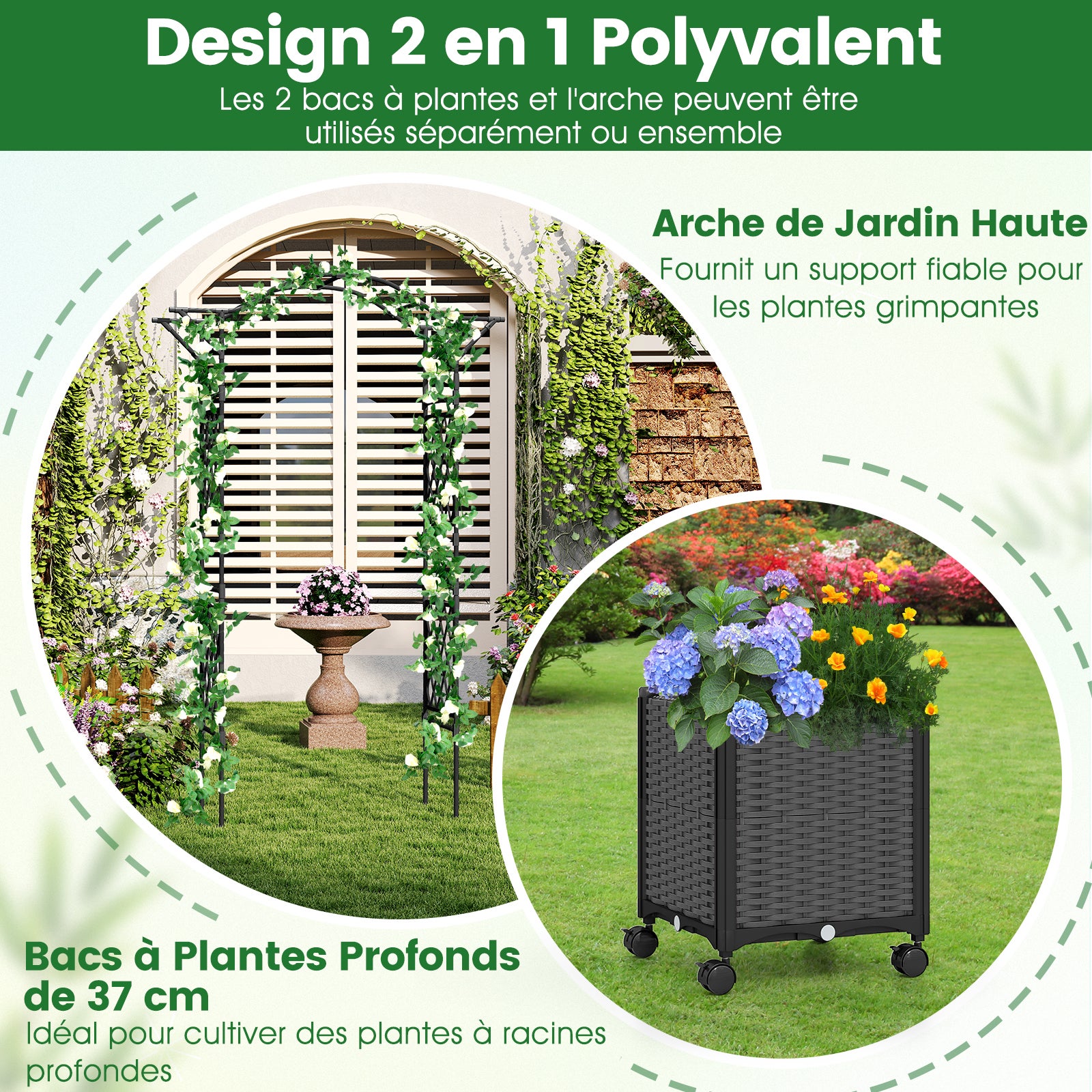 Arche de Jardin 208 CM avec 2 Bacs Jardinière et Treillis, Pergola Extérieur en Métal Revêtu de PE Antirouille avec d'Auto-Arrosage Roues, Gris - 7