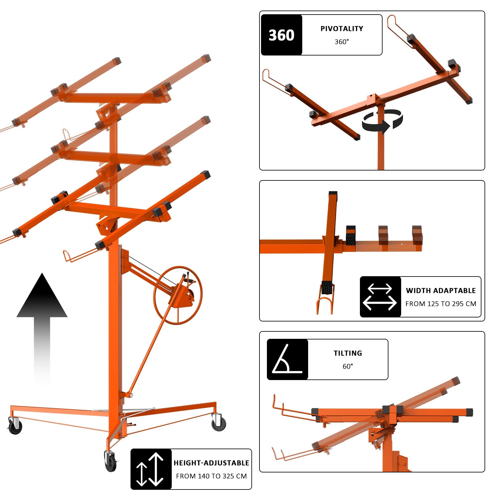 DEWINNER Élévateur de plaques de plâtre taille XXL, charge maximale 68 kg, hauteur ajustable de 140 cm à 325 cm - 5