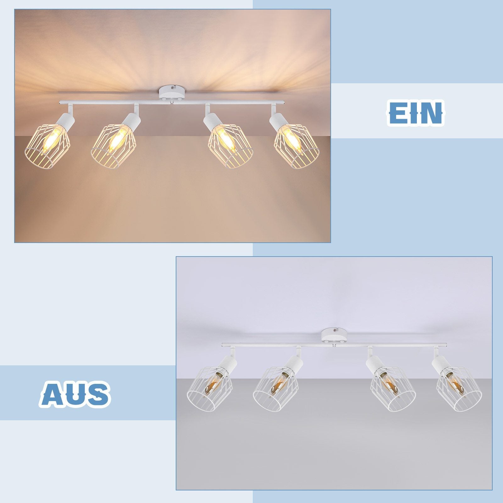 NETTLIFE Foco de Techo，4 luces E14 - Metal, Lámpara de Pasillo Industrial Giratoria 350°, Aplique de Pared para Pasillo y Sala de Estar, Blanco - 7