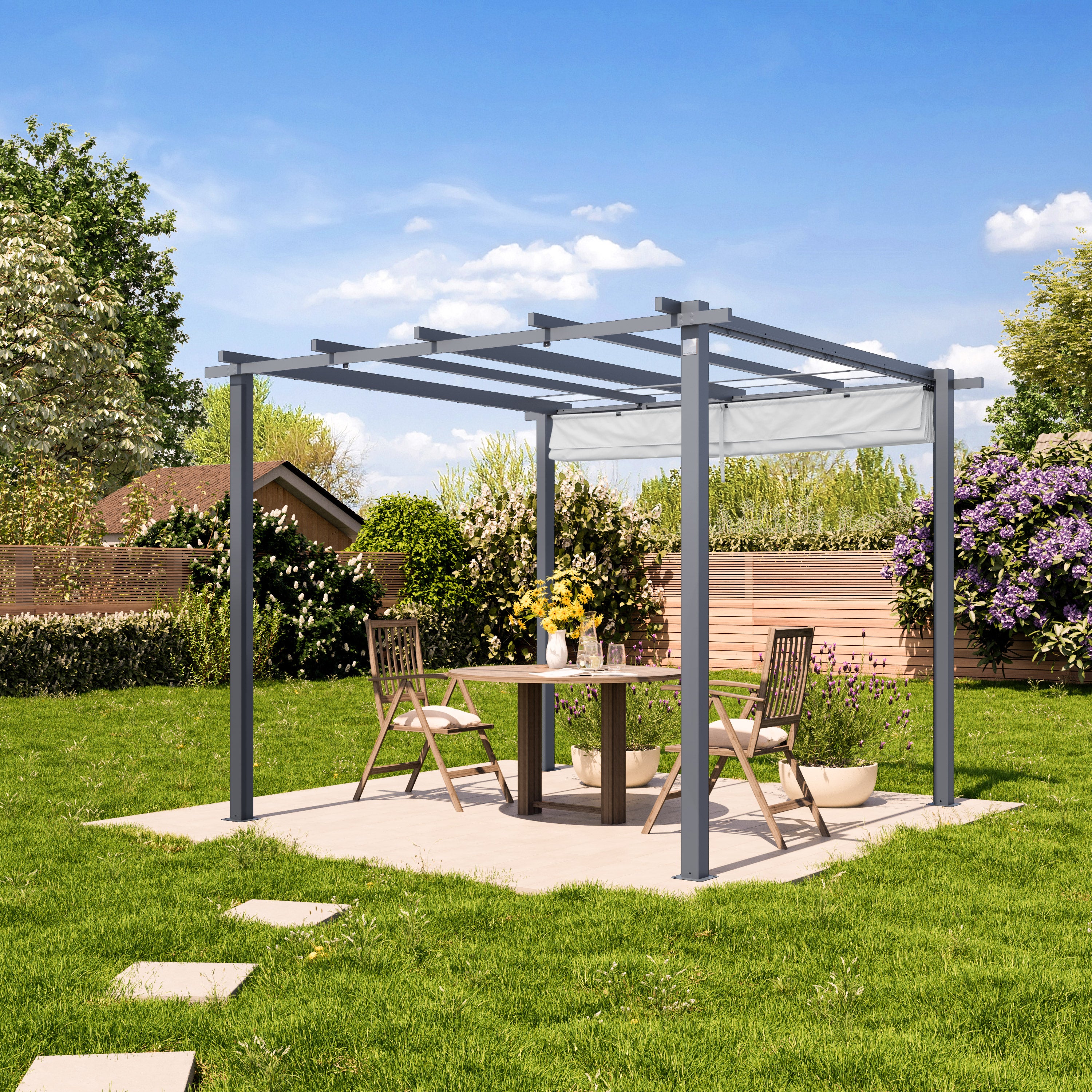 PRIMEYARD Pergola 3x3 m gazebo da giardino con tetto scorrevole grigio - struttura in acciaio - 4