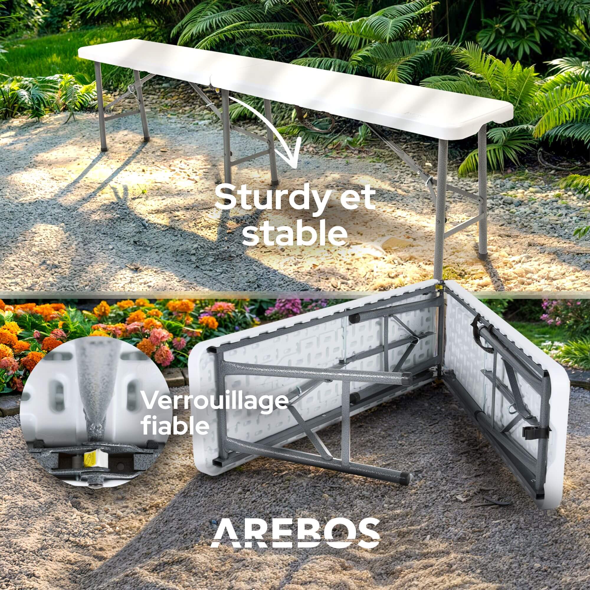 AREBOS Lot de 2 bancs pliants - Poignée de transport - 183 x 28 x 43 cm - Pour camping, jardin, fête, camping, tente à bière, banc de jardin, banc - 4