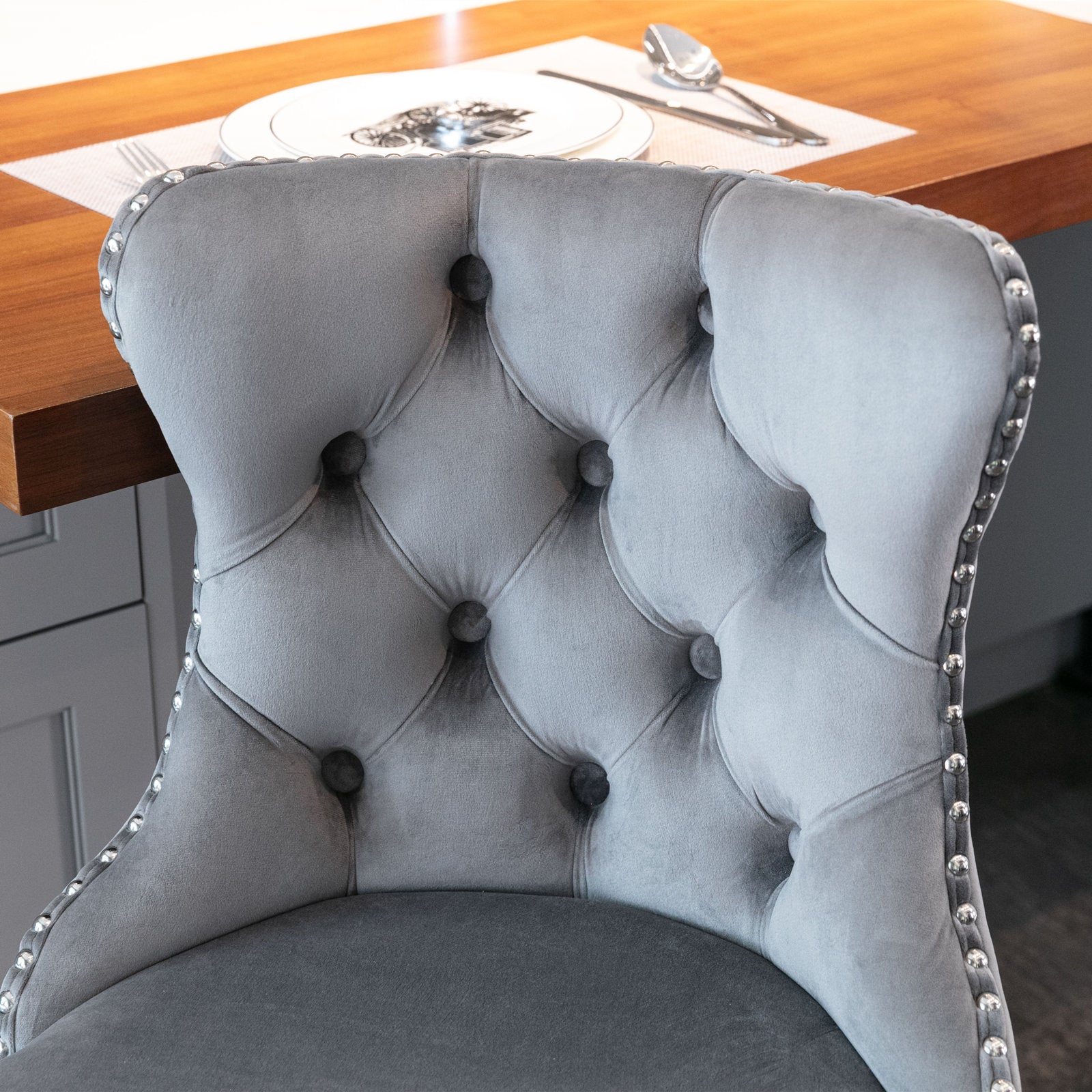 Lot de 2 Chaise de bar Pivotants en Velours Gris, Tabouret de bar Hauteur d'Assise Réglable 63-84cm, Structure Chromée Stable avec Dossier Confortable - 3