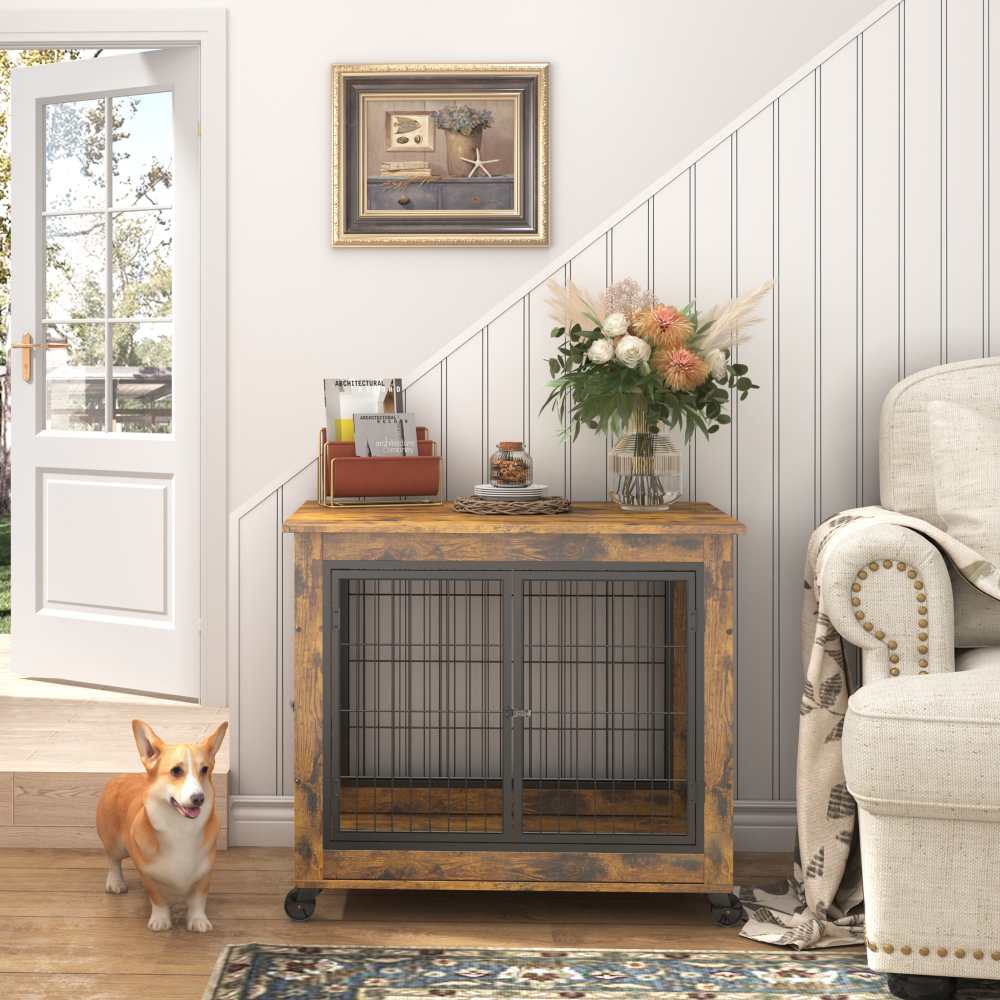 Caixa para Cão Estilo Móvel, Nicho Interior com Dupla Porta, Tampa Abrir e Rodas para Fácil Mobilidade 80x56x69.5cm - 2