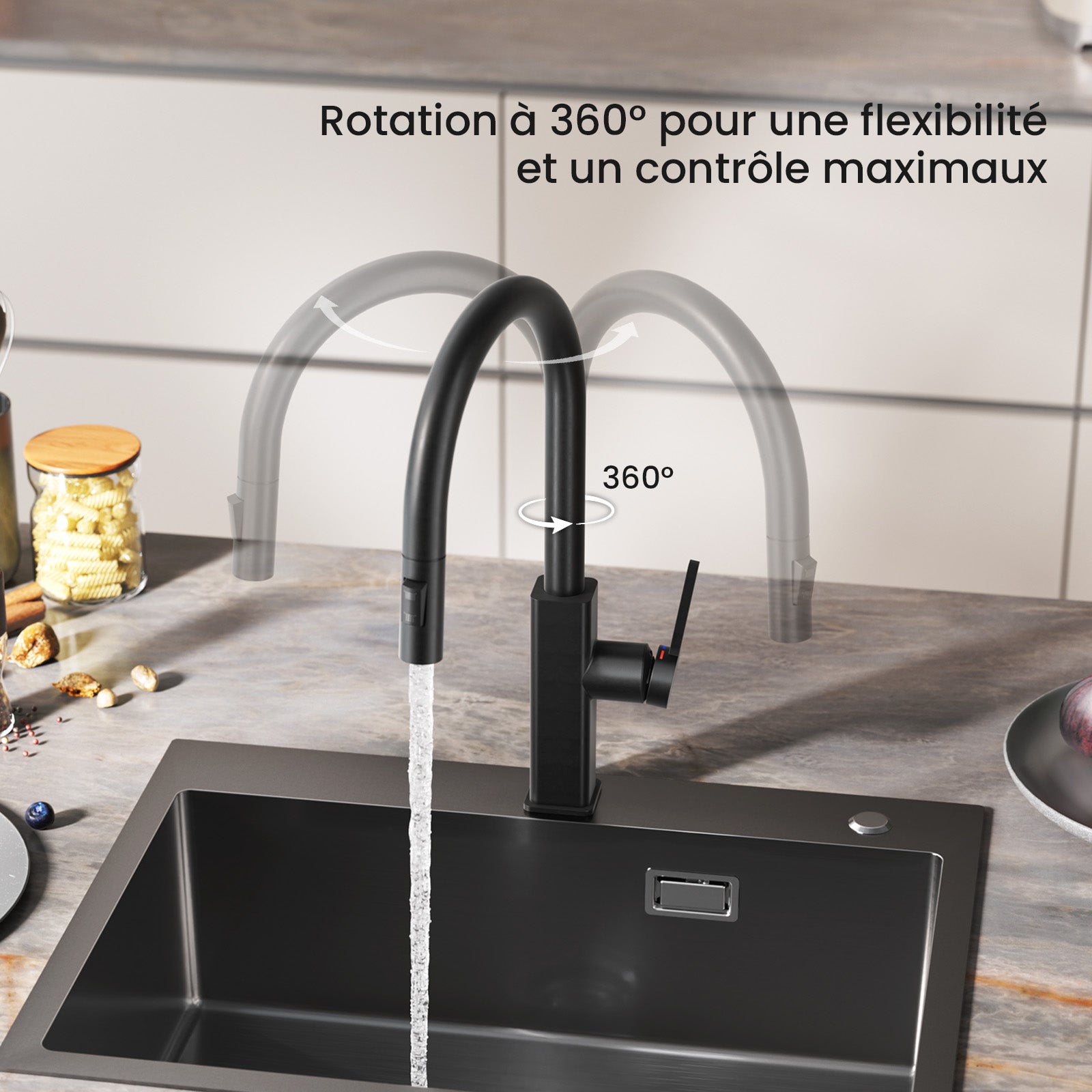 Mitigeur de Cuisine avec Douchette Extractible, Robinet de Cuisine en Inox, Robinet Douchette pour Cuisine Noir - 3