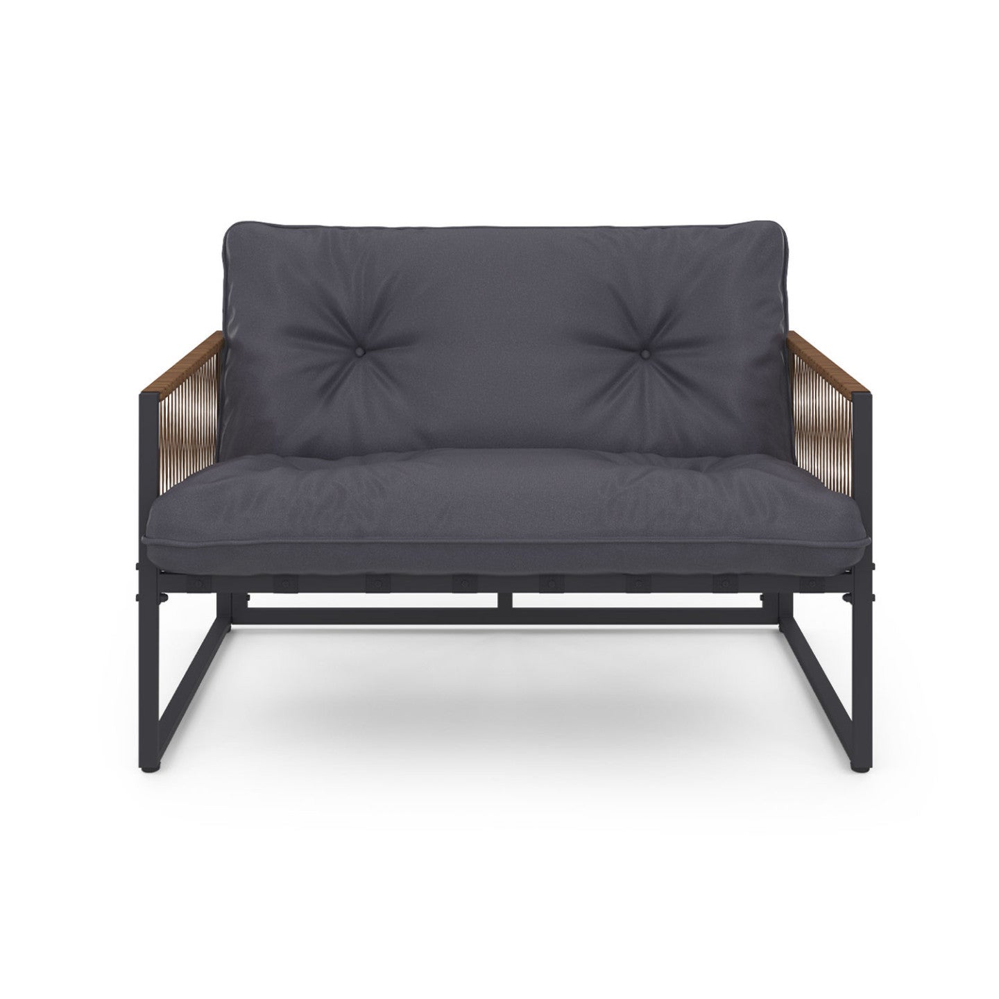 Salon de jardin bas RIO 4 places structure métal gris anthracite, cordage effet rotin avec coussin gris - 3