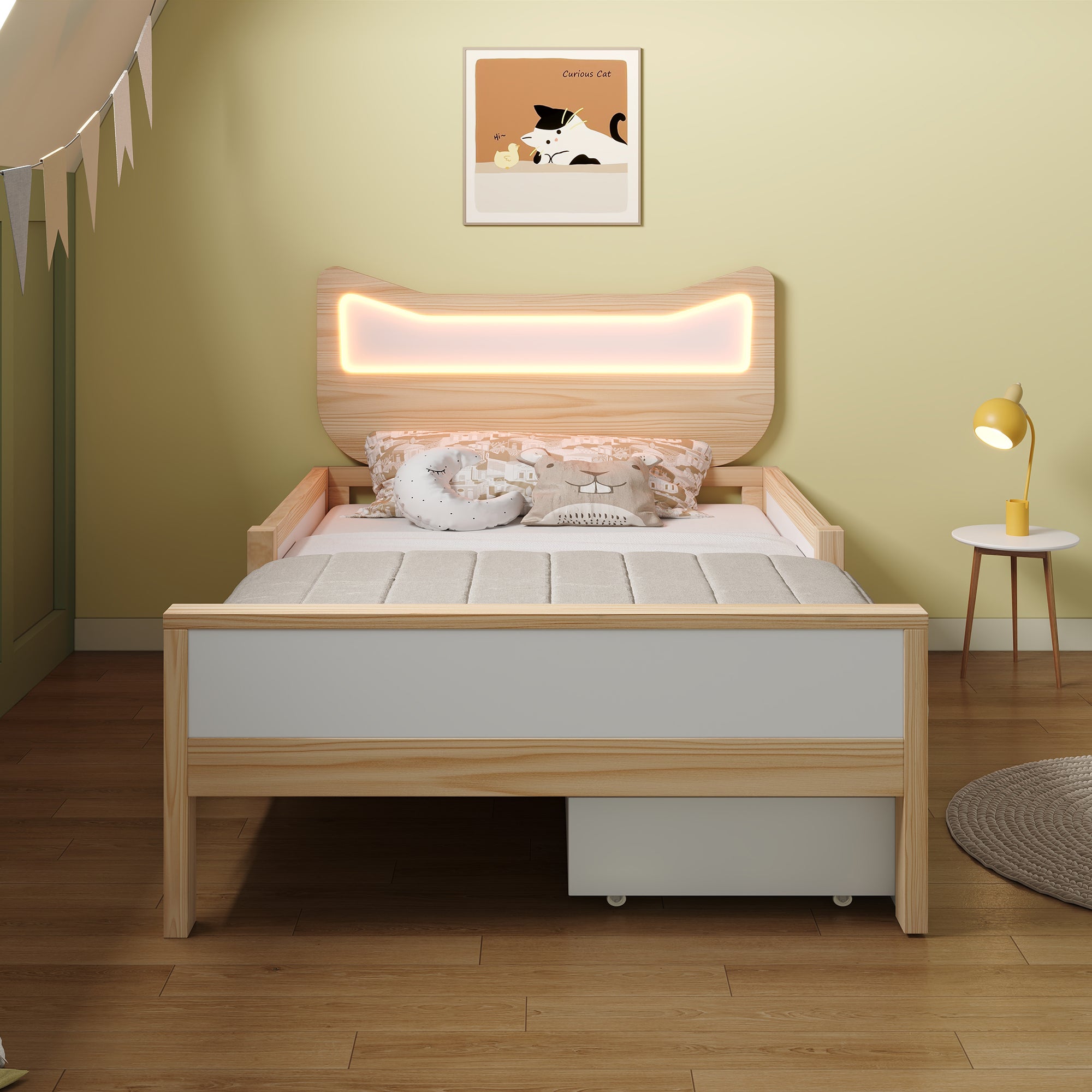 Lit enfant 90×190 cm avec RGB LED et tête de lit oreilles de chat,Lit simple avec tiroirs et compartiments de rangement,Blanc+chêne(Sans matelas) - 8