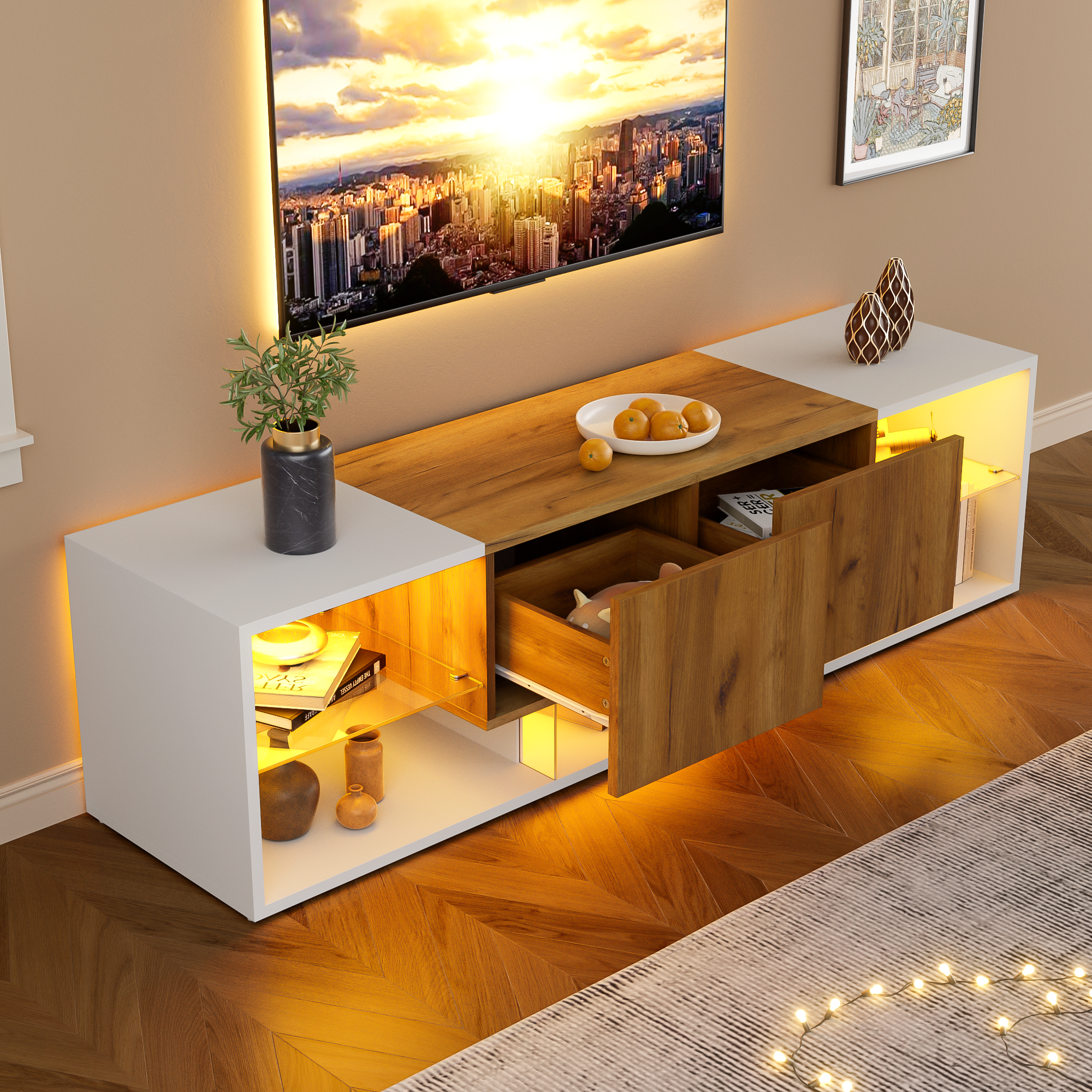 Meuble TV avec 2 tiroirs et 4 compartiments - 160 x 40 x 42 cm - LEDs - Panneau de particules et étagères en verre - Chêne + blanc Antique - 4