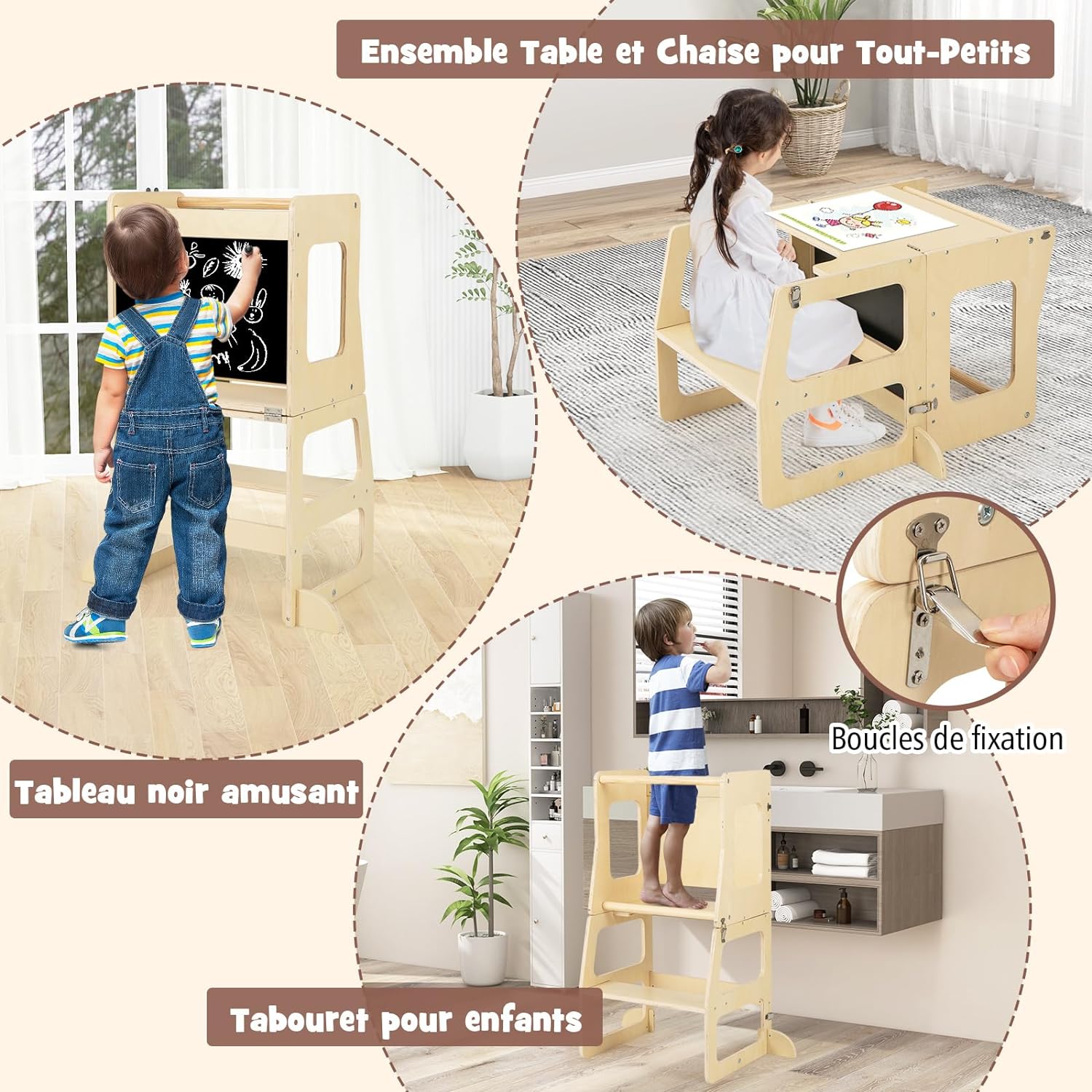 7 en 1 Triangle d'escalade Montessori avec Rampe Réversible, en Bois avec Tableau Noir, Table et Chaise, Charge 60kg (Multicolore) - 4
