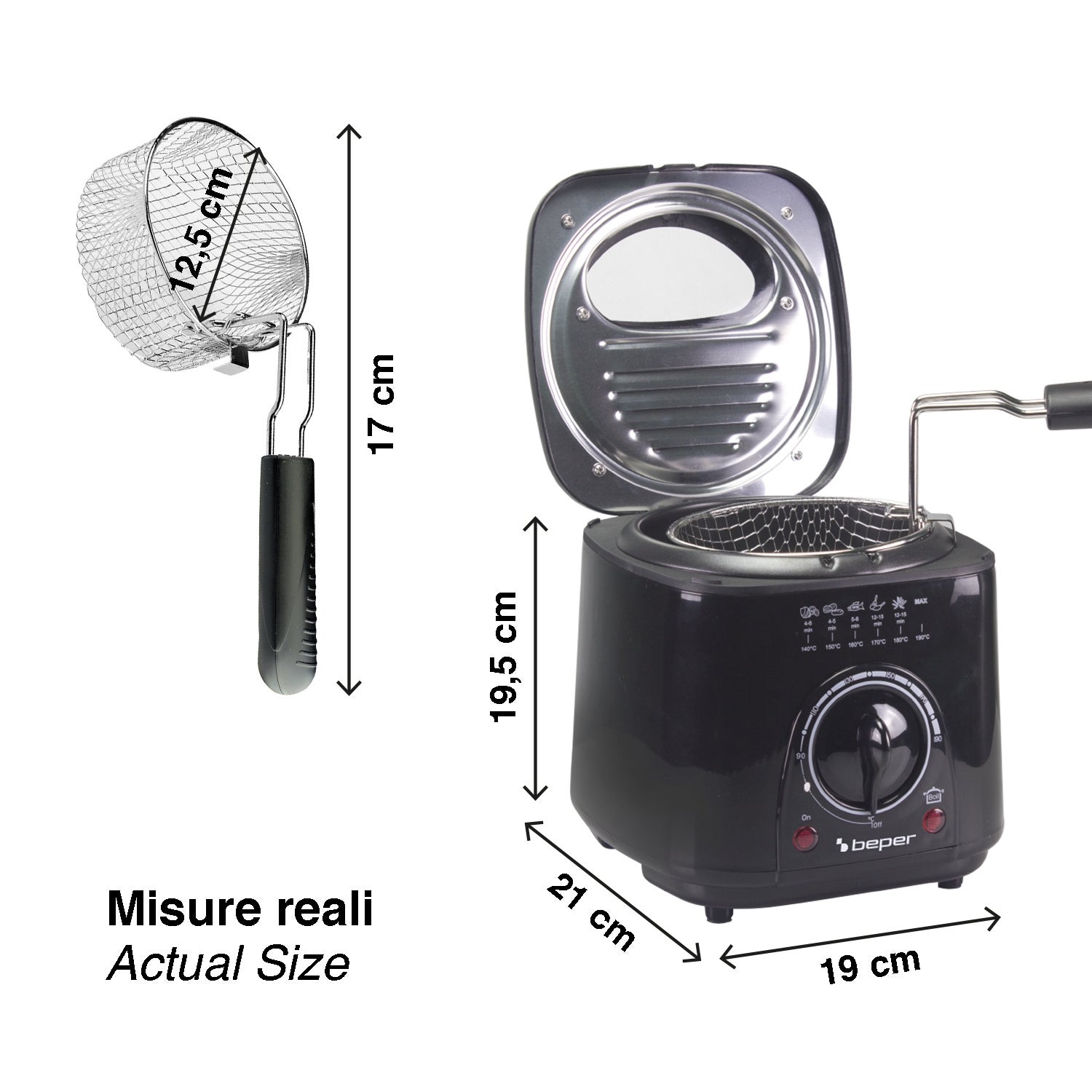 BEPER P101FRI100 Friteuse électrique 1 L, 950 W, panier en acier amovible, couvercle avec hublot, filtre amovible et lavable, température réglable - 3