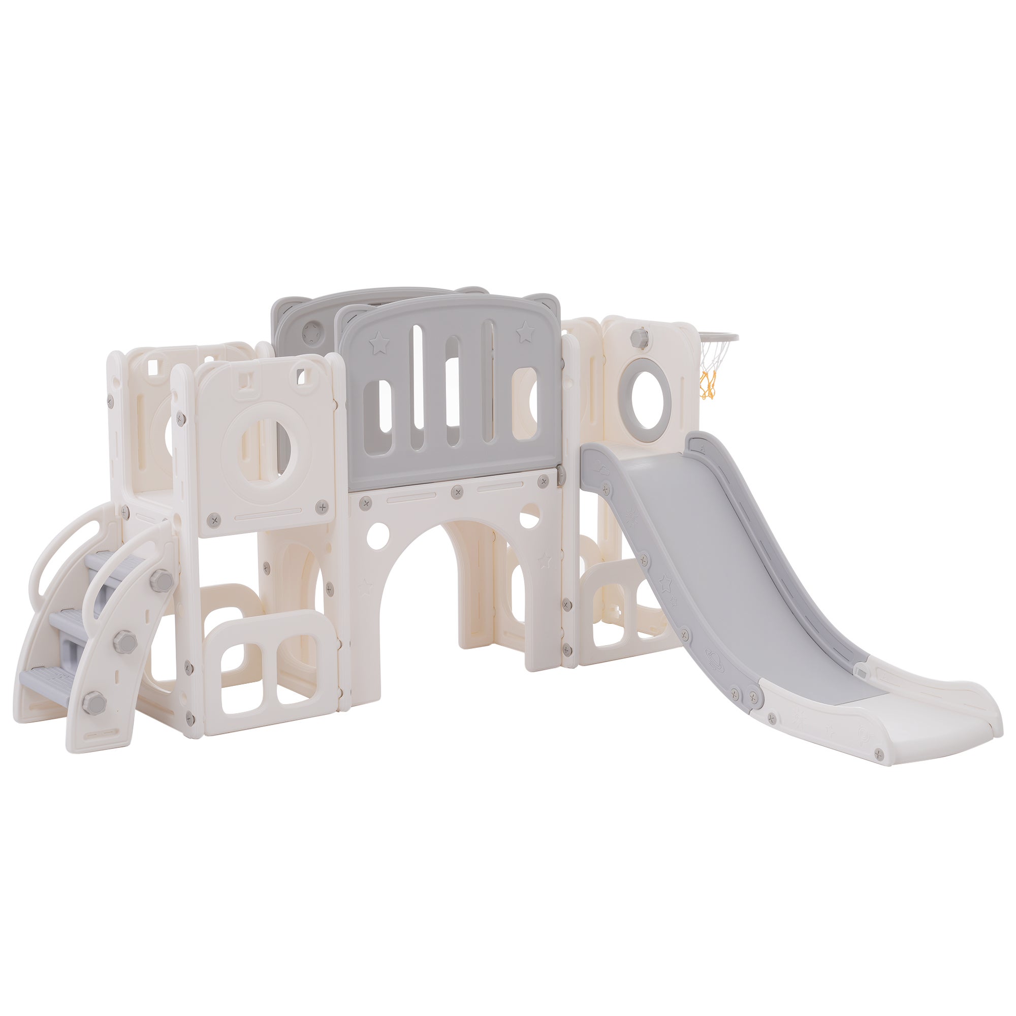 Toboggan pour enfants 6 en 1 - composé d'un toboggan, d'un panier de basket, d'un escalier, d'un tunnel et de deux rangements -- Gris clair - 7