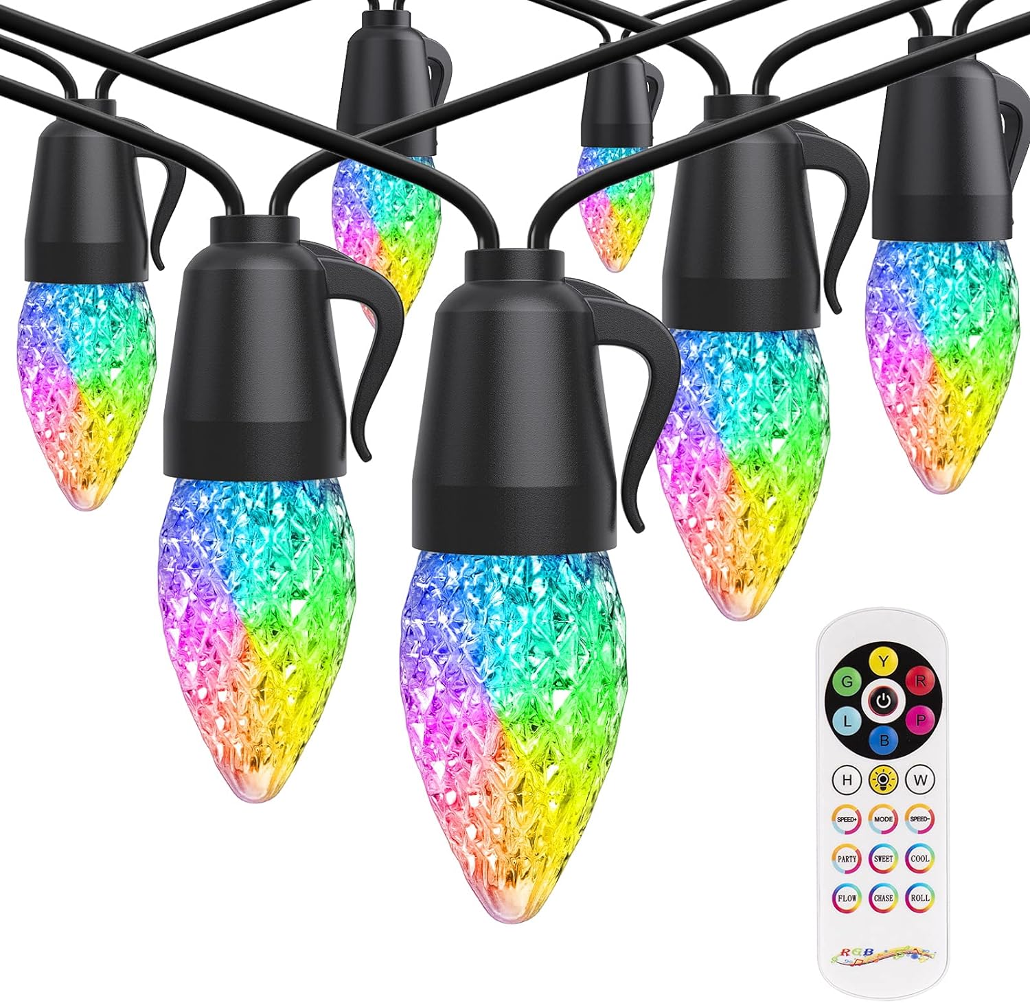 Zewnętrzna lampa girlanda, 15M 25 LED RGB Girlanda Guinguette z pilotem, 7 kolorów i 24 tryby, IP65 Wodoodporna Girlanda