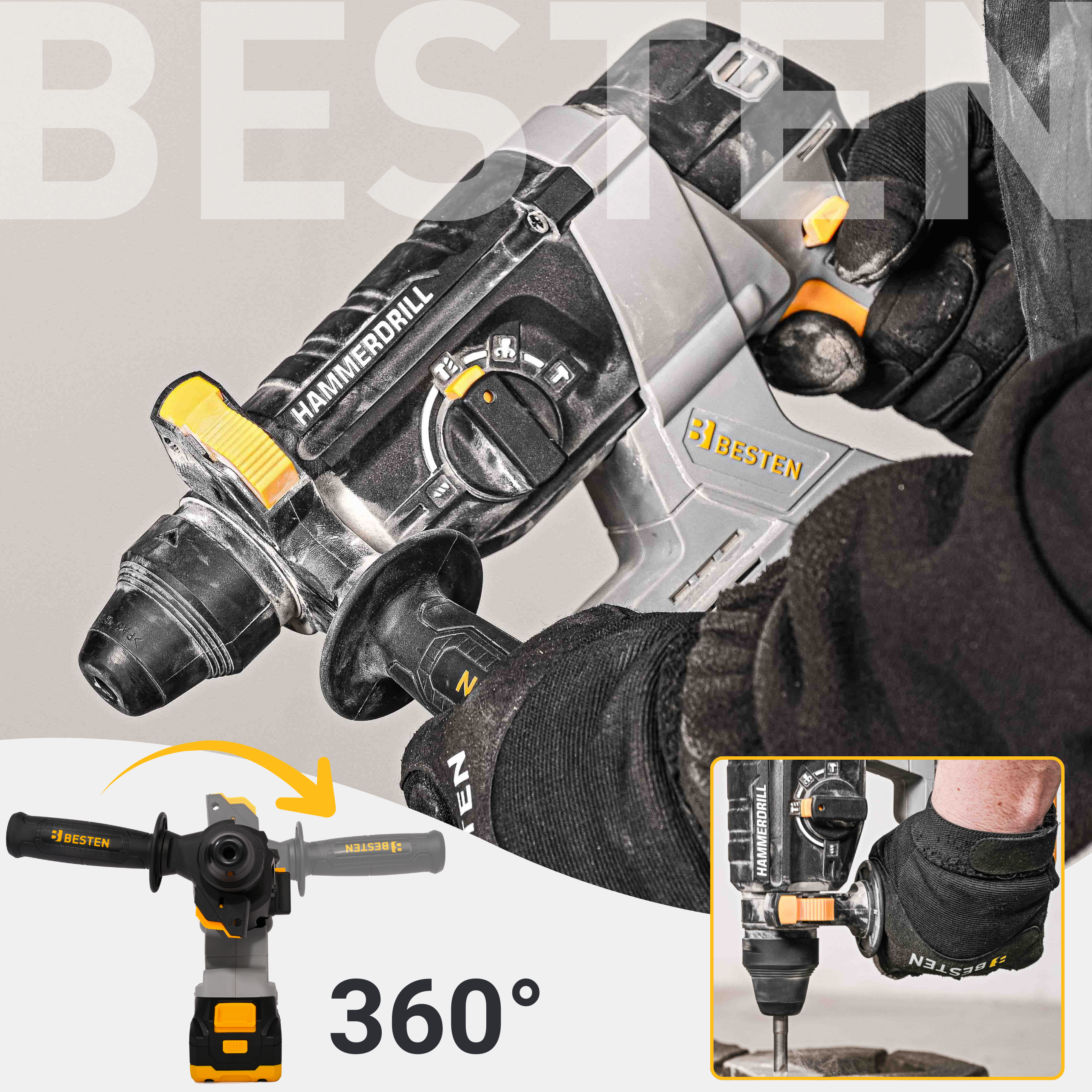 Młotowiertarka akumulatorowa SDS+ BESTEN BE0002904 20V 2J – do betonu, bezszczotkowa, 2x 4.0Ah, walizka - 7