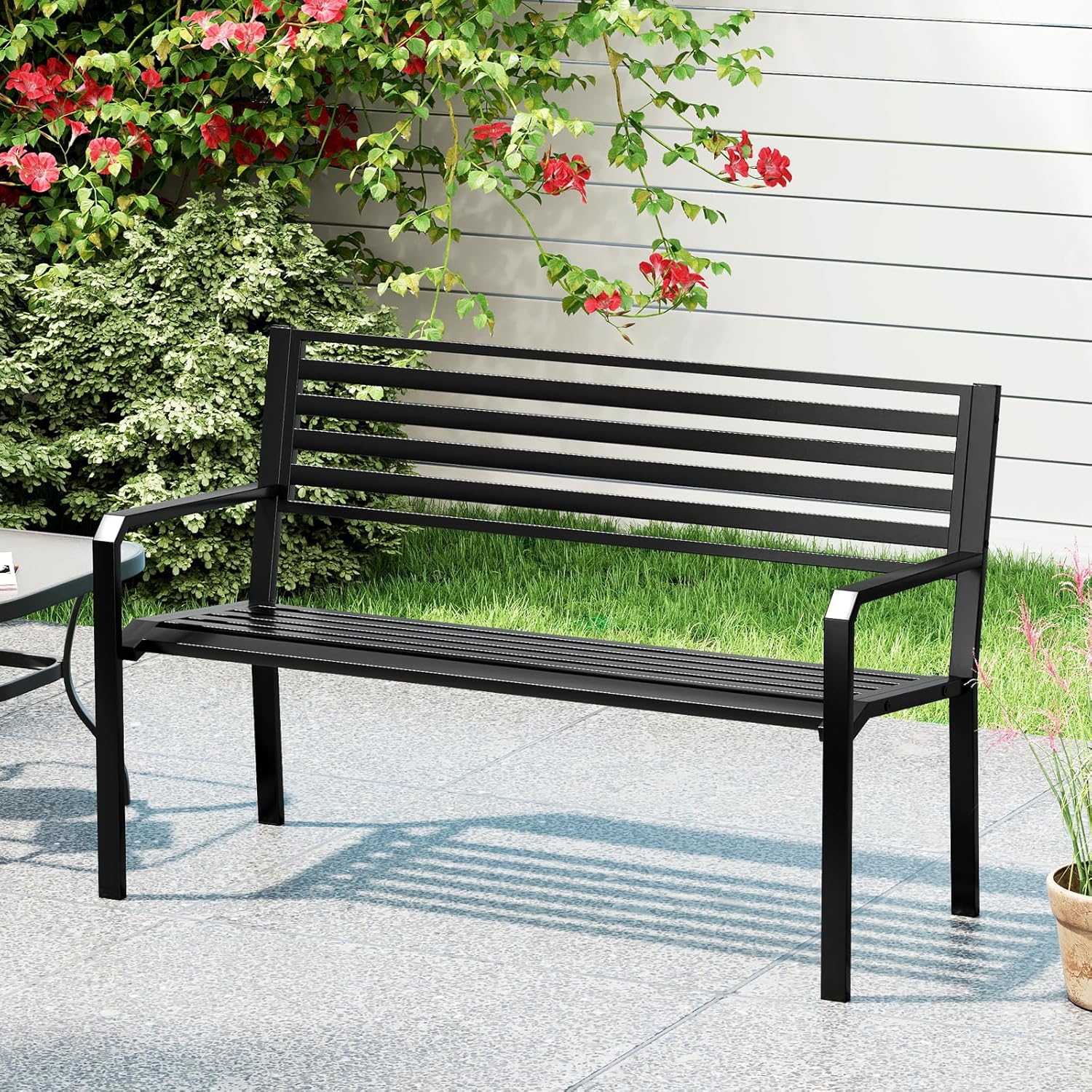 banc de jardin giantex rouge 123x60x88cm fer + acier résistant aux intempéries style contemporain banquette de jardin 2-3 places