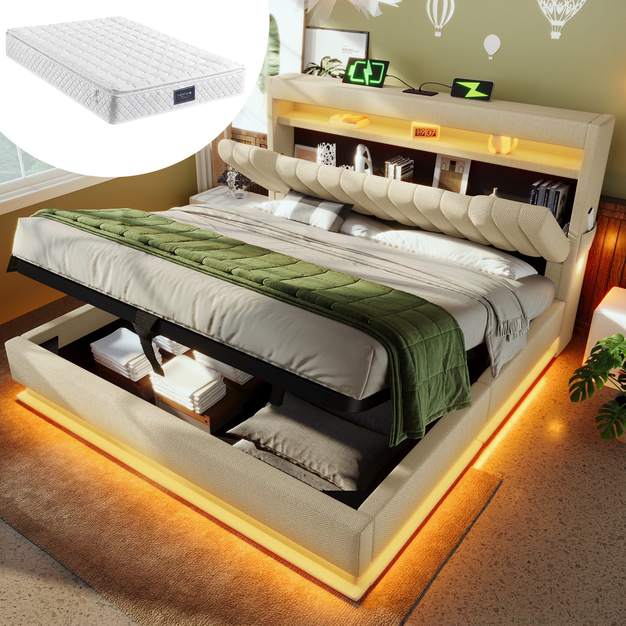 Lit Coffre 160x200 Cm Lit Double Avec LED Et USB Rangement Et Sommier Lit Coffre 160x200 Cm Lit Double Avec LED Et USB Rangement Et Sommier