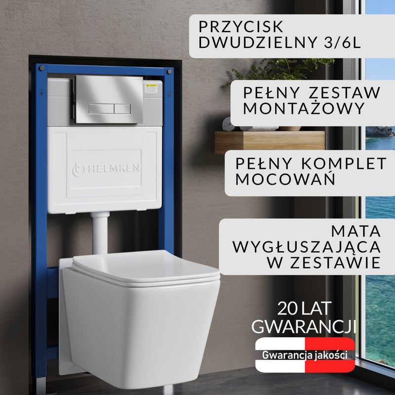 Stelaż podtynkowy WC Helmken 35120001 Zestaw 5w1: Przycisk Satуna HD, Miska bezkołnierzowa Rimless, Deska wolnoopadająca, Mata