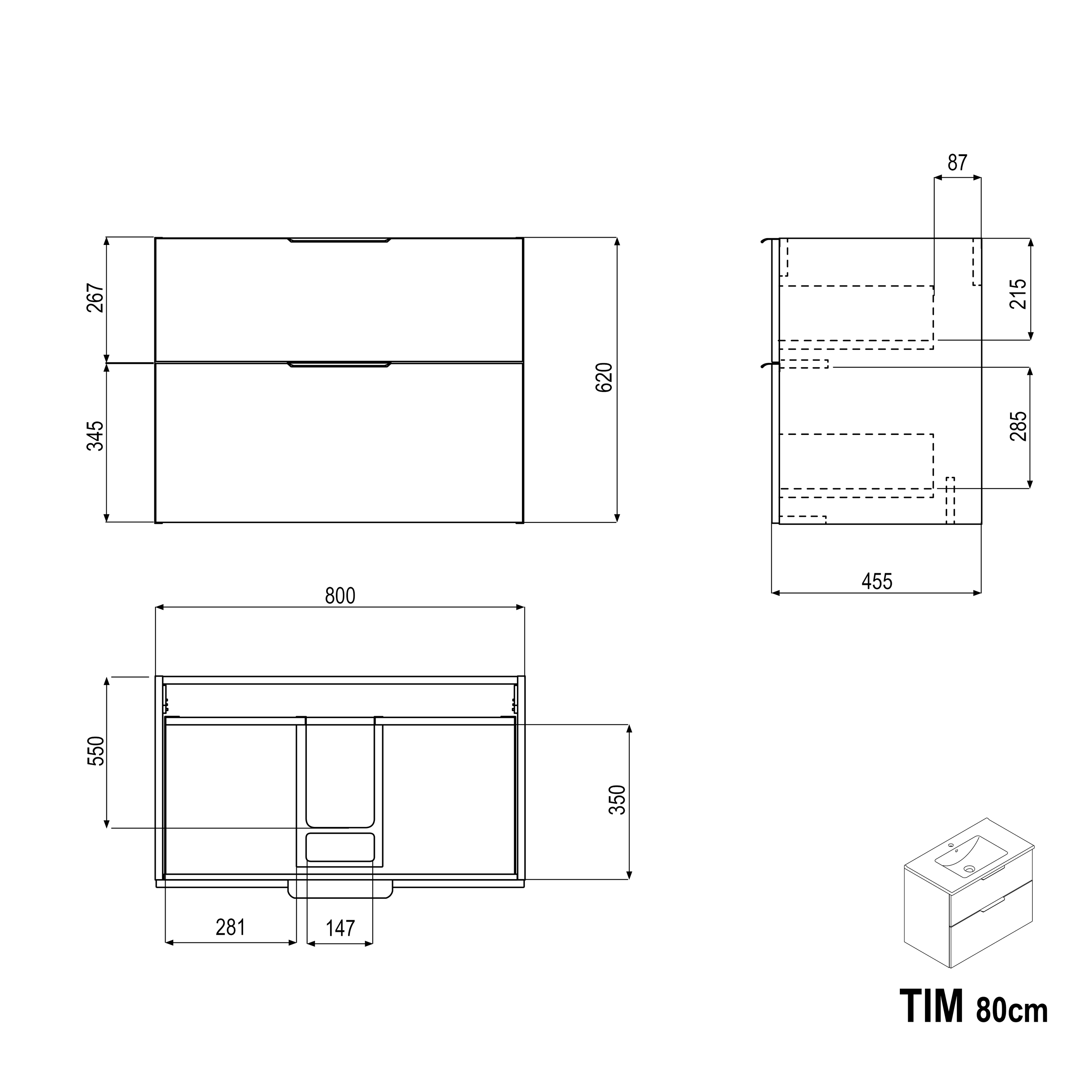 BERNSTEIN - Meuble sous vasque suspendu MDF Blanc brillant 80x46x62cm, Plan lavabo Blanc mat + poignée Noir mat - TIM80 - 5