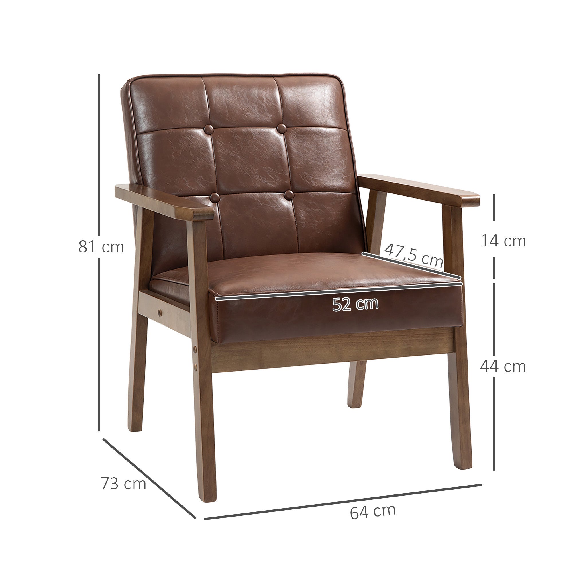 Fauteuil de salon, fauteuil de chambre en cuir synthétique, dossier capitonné, pieds en bois massif, 64x73x81cm, marron - COMFORTXL - 3
