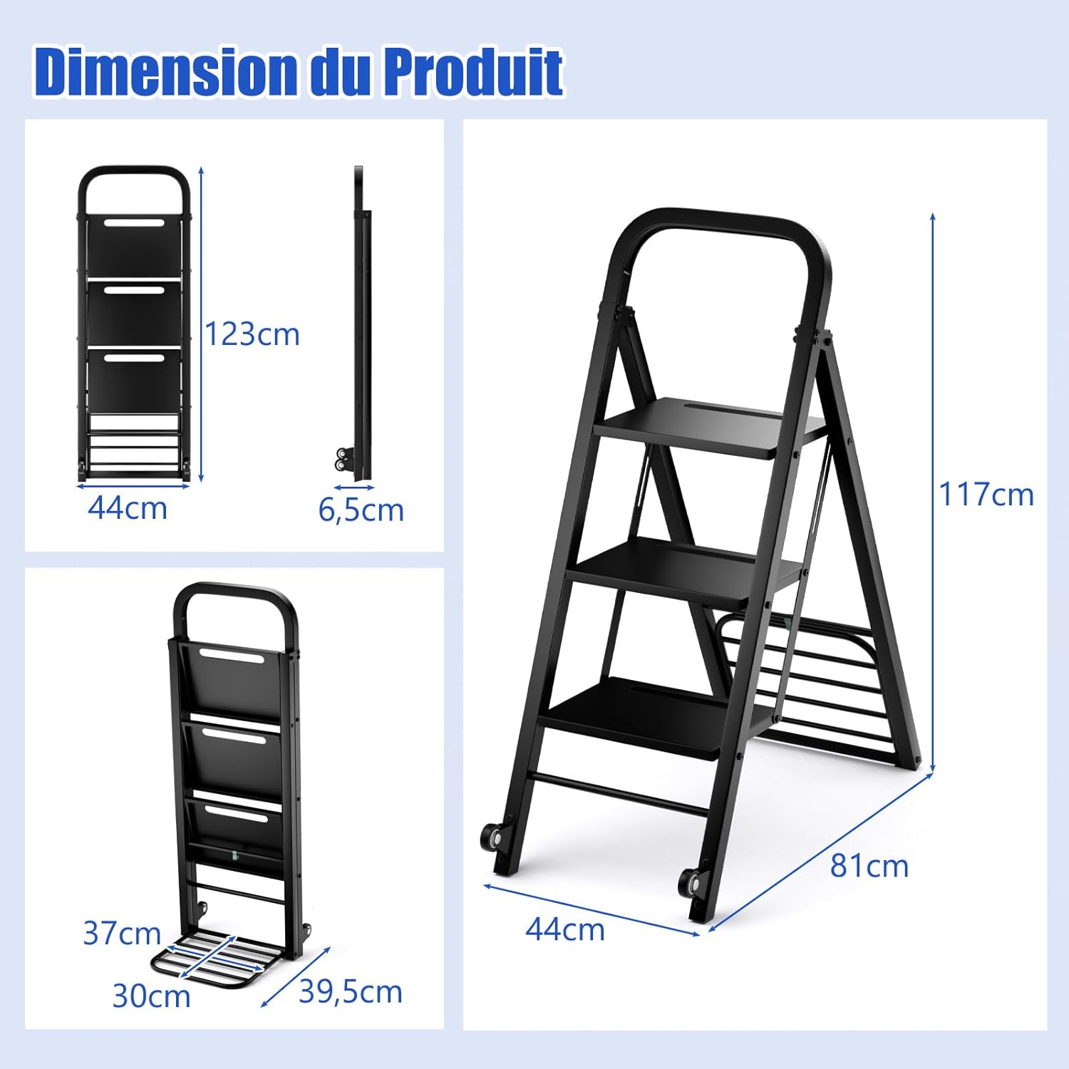 Escabeau Pliable à 3 Marches, Chariot Echelle 2 en 1 avec 2 Roues en Caoutchouc, Chariot Utilitaire en Fer, Charge 250Kg, Noir - 8