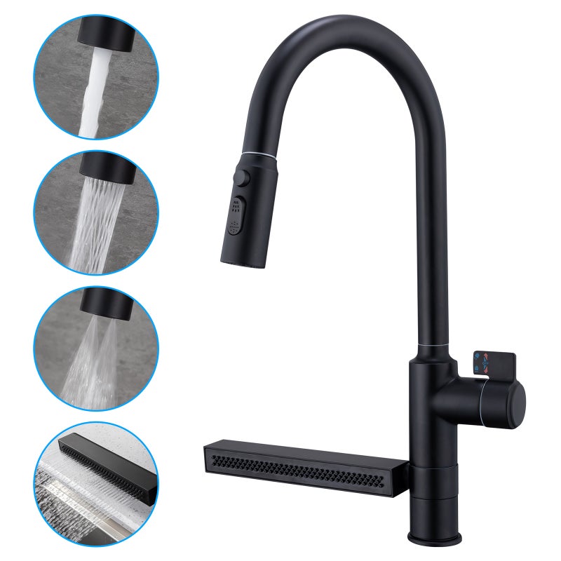 Czarny wielofunkcyjny kran kuchenny - mosiężna bateria, 3-strumieniowa wyciągana wylewka prysznicowa i deszczownica, obrót o 360°