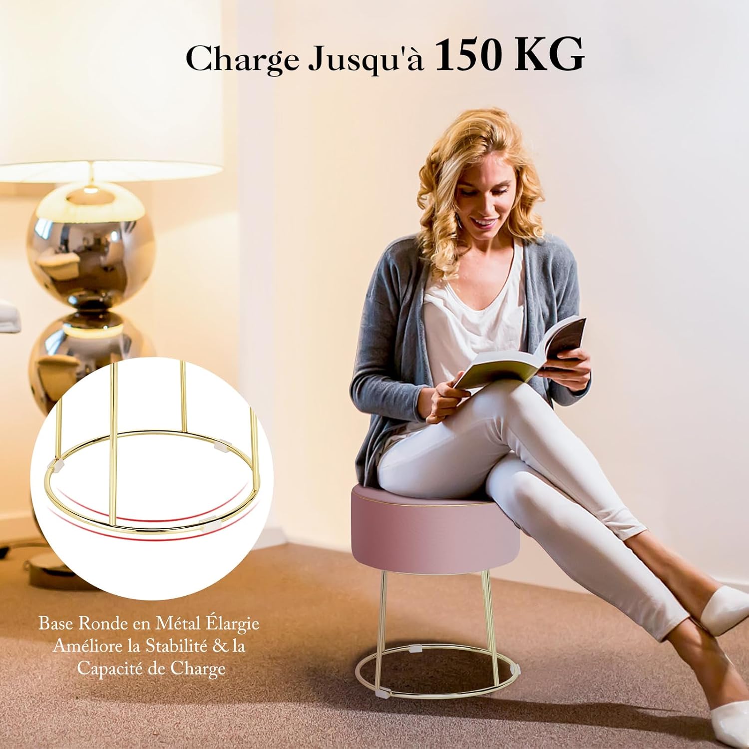 Pouf Rotondo Poggiapiedi 41cm, Sgabello Moderno da Trucco con Base in Metallo, Sedile Imbottito Spesso e Piedini Antiscivolo per Toeletta, Com - 5