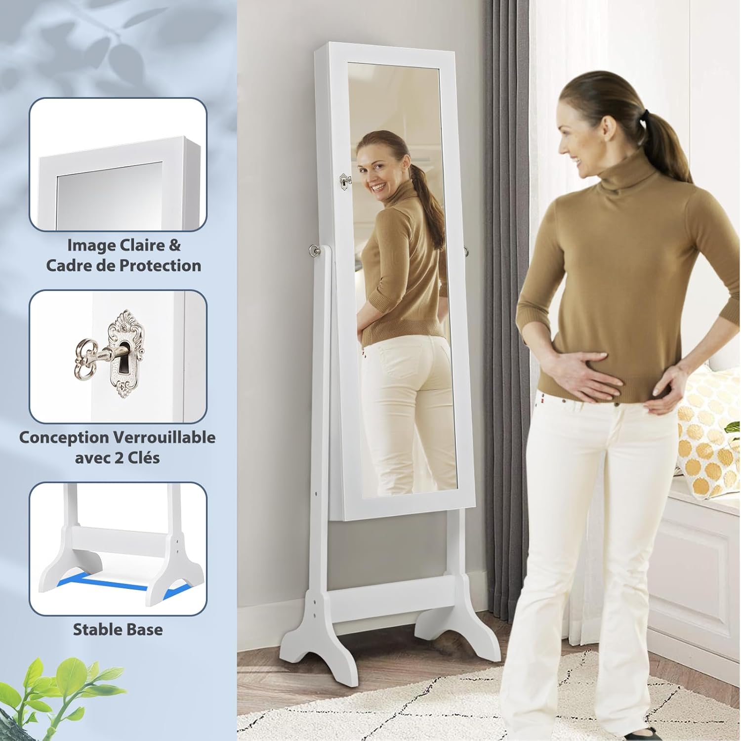 Armoire a Bijoux sur Pied avec Miroir Inclinable en 4 Positions, Armoire de Rangement Cosmetiques Verrouillable de Grande Capacite avec 6 Etageres - 7