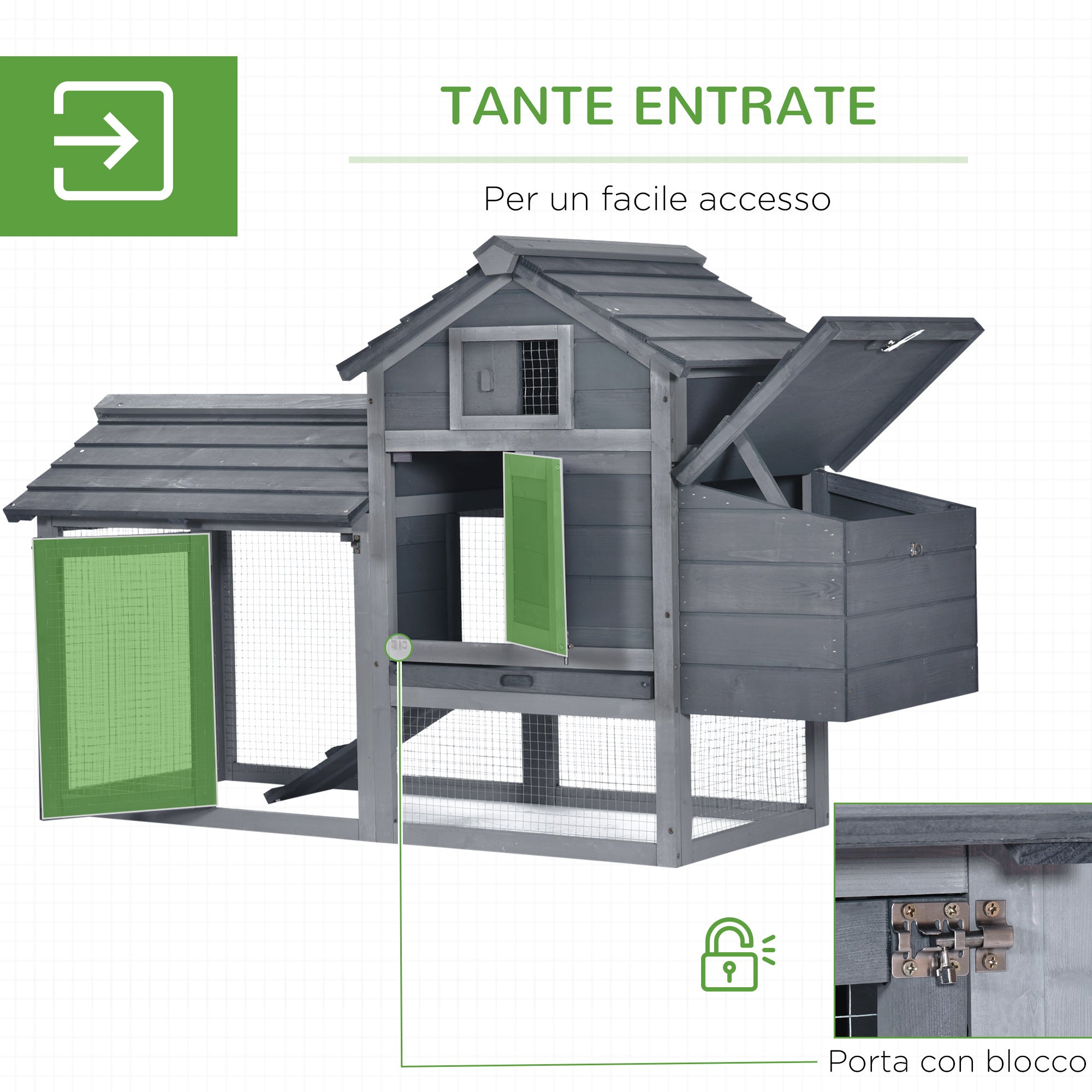 PawHut Pollaio per Galline Ovaiole Prefabbricato in Legno con Recinzione, per 2 Galline, 150.5x54x87cm, Grigio Scuro - 5