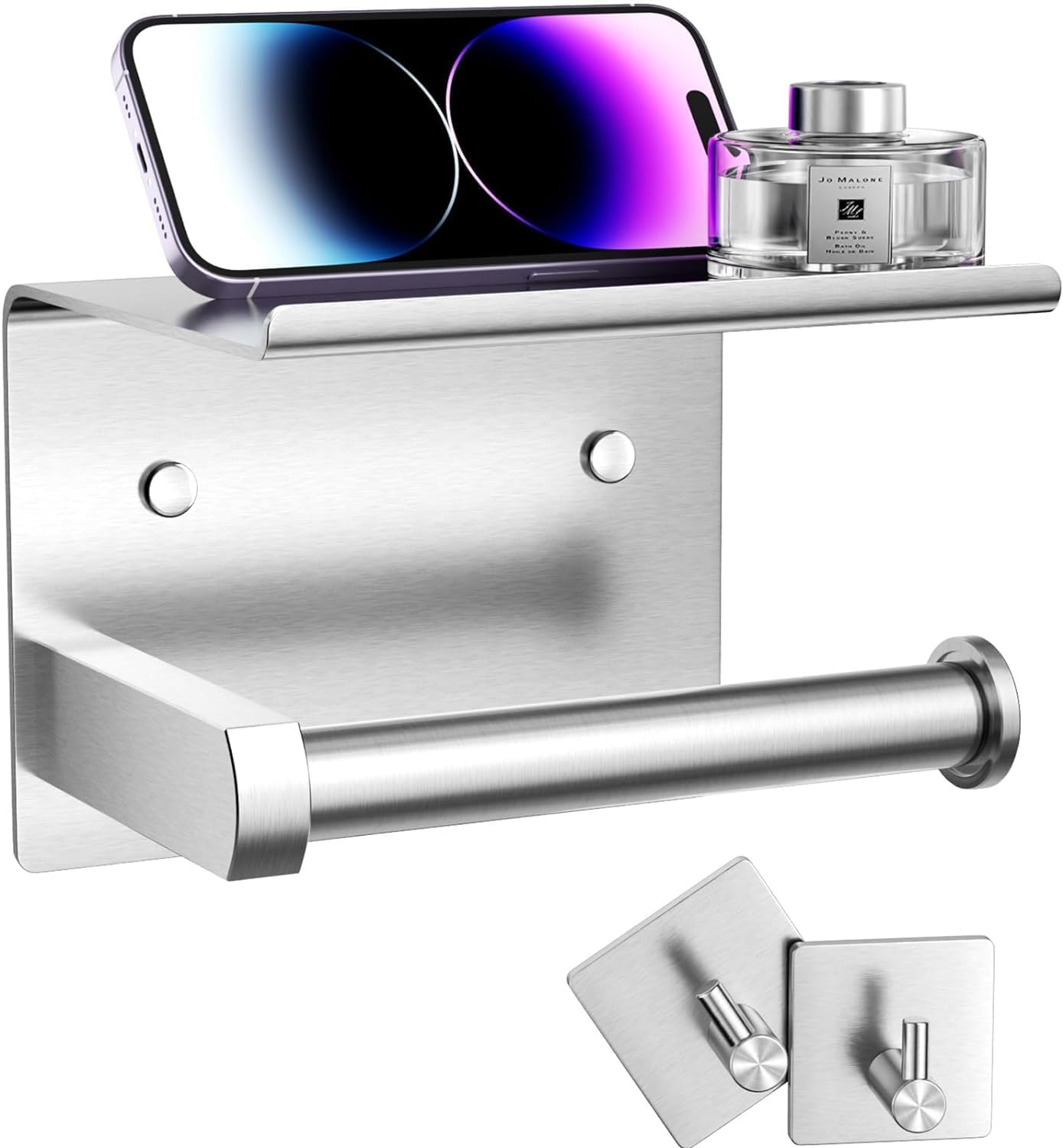 Uchwyt ścienny na papier toaletowy z półką i haczykiem na ręczniki, ze stali nierdzewnej (szczotkowane srebro)