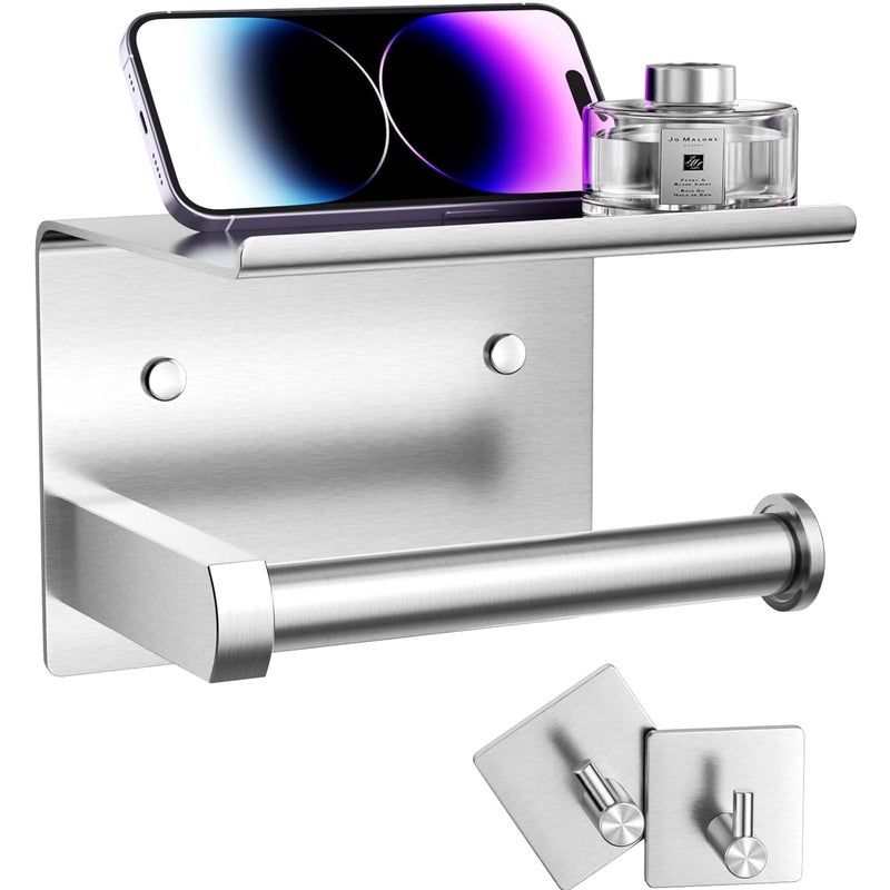 Uchwyt ścienny na papier toaletowy z półką i haczykiem na ręczniki, ze stali nierdzewnej (szczotkowane srebro)