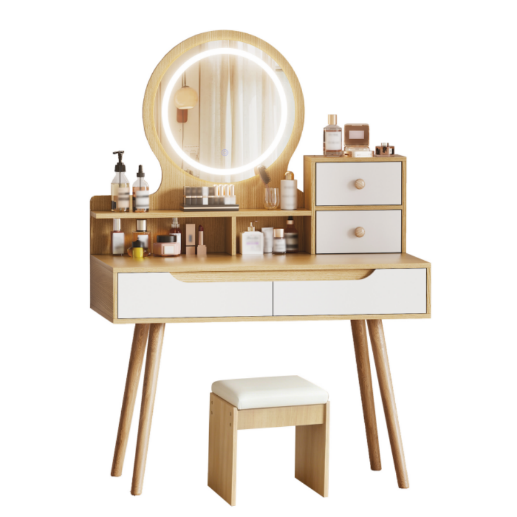 Coiffeuse，Avec miroir et éclairage LED，Lumière réglable，Avec tabouret inclus，Grande surface de travail，135 x 80 x 40 cm，Bois clair - 6