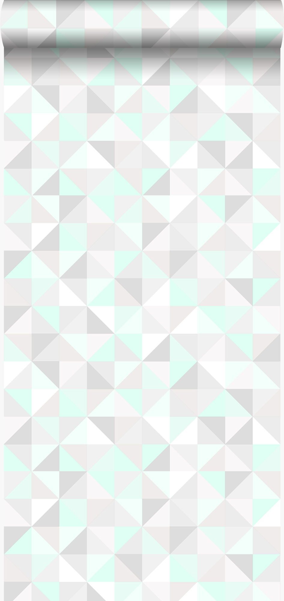 Papel pintado triángulos verde menta pastel claro, gris claro cálido, blanco mate y verde esmeralda brillante - 53 cm x 10.05 m - origin wallcoverings