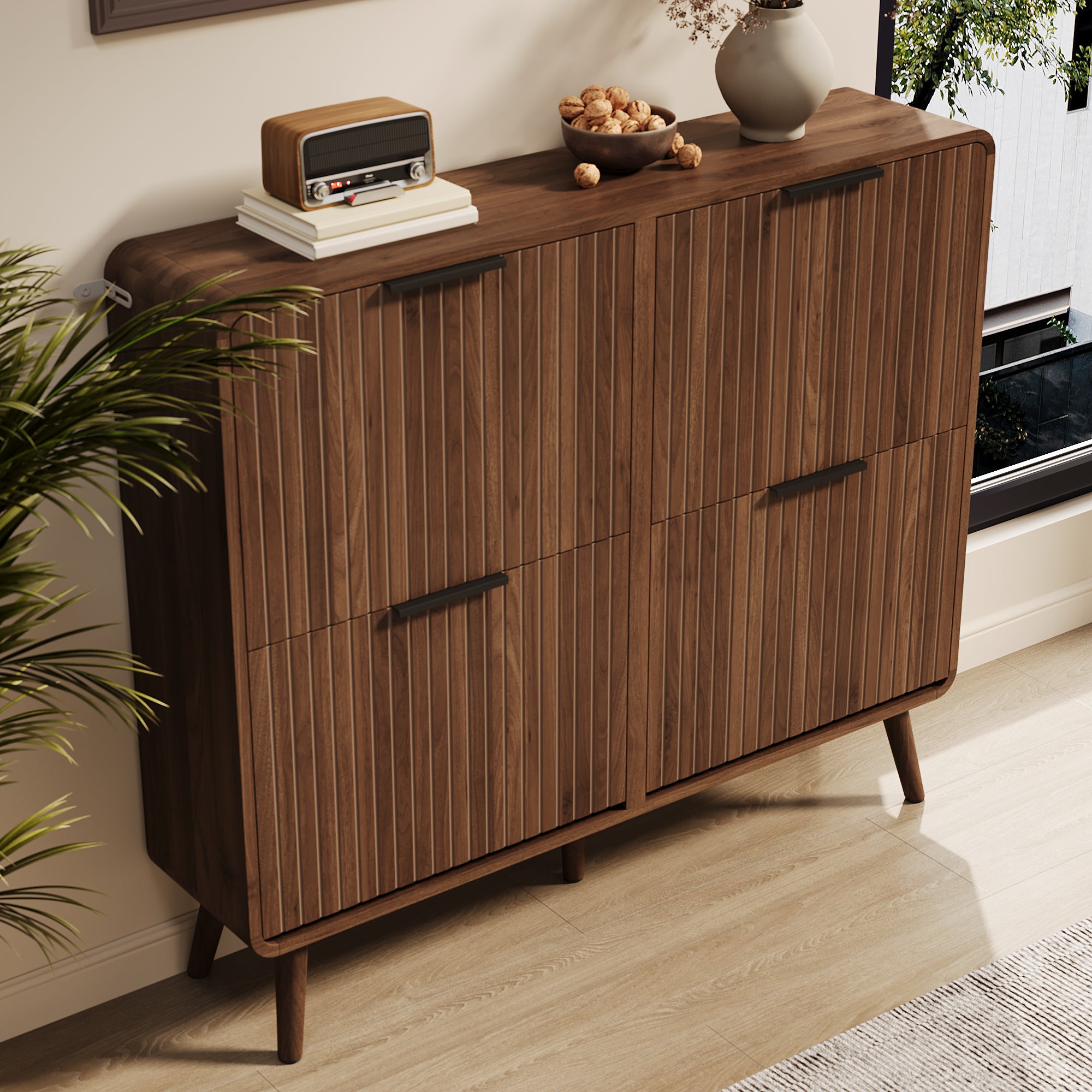 Meuble à chaussures avec 4 portes rabattables - 105 x 24 x 90 cm - Contenir 18 à 24 paires - MDF - Noyer - 6