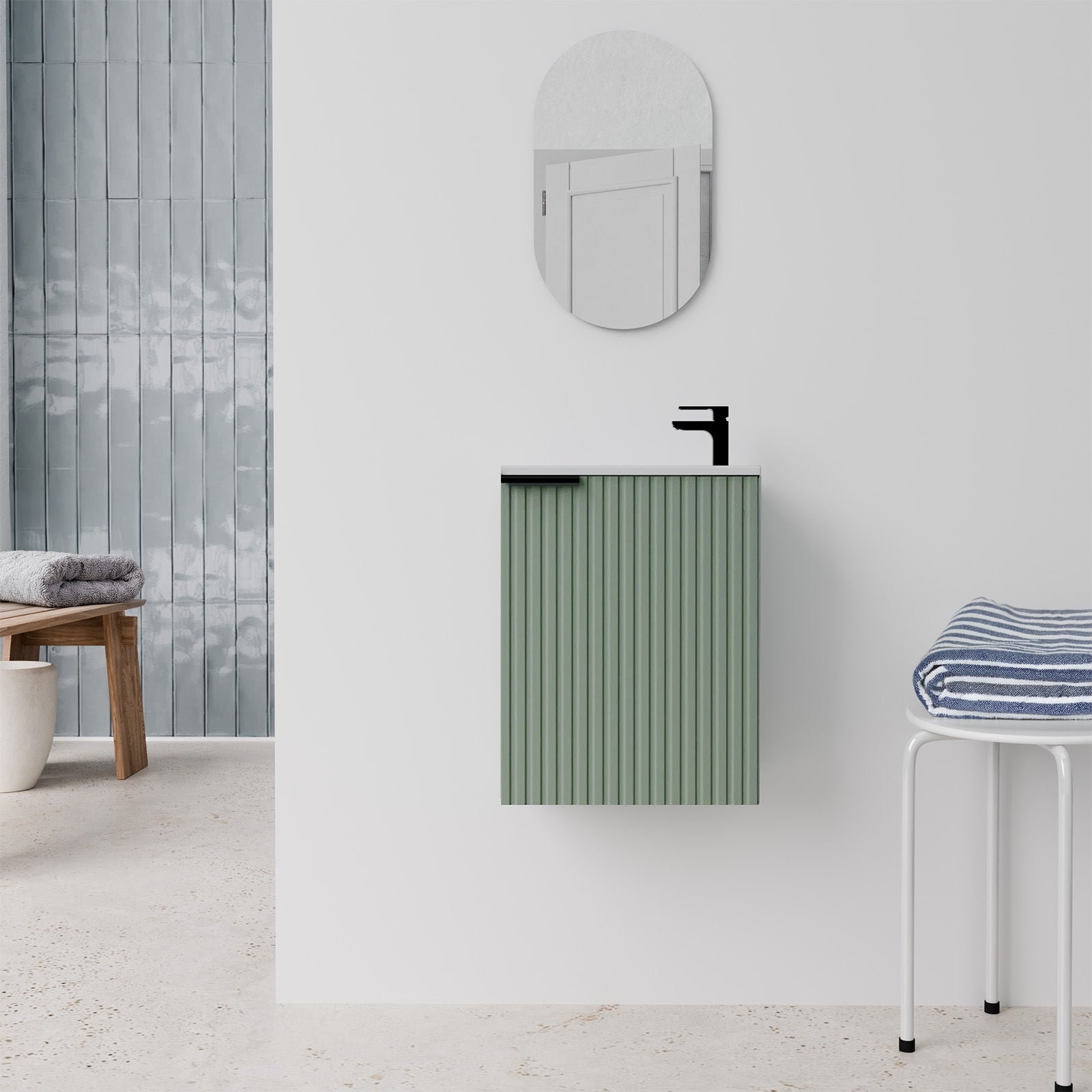 Conjunto mueble compacto mdf ondulado verde 40x50x22cm y espejo oval - milo