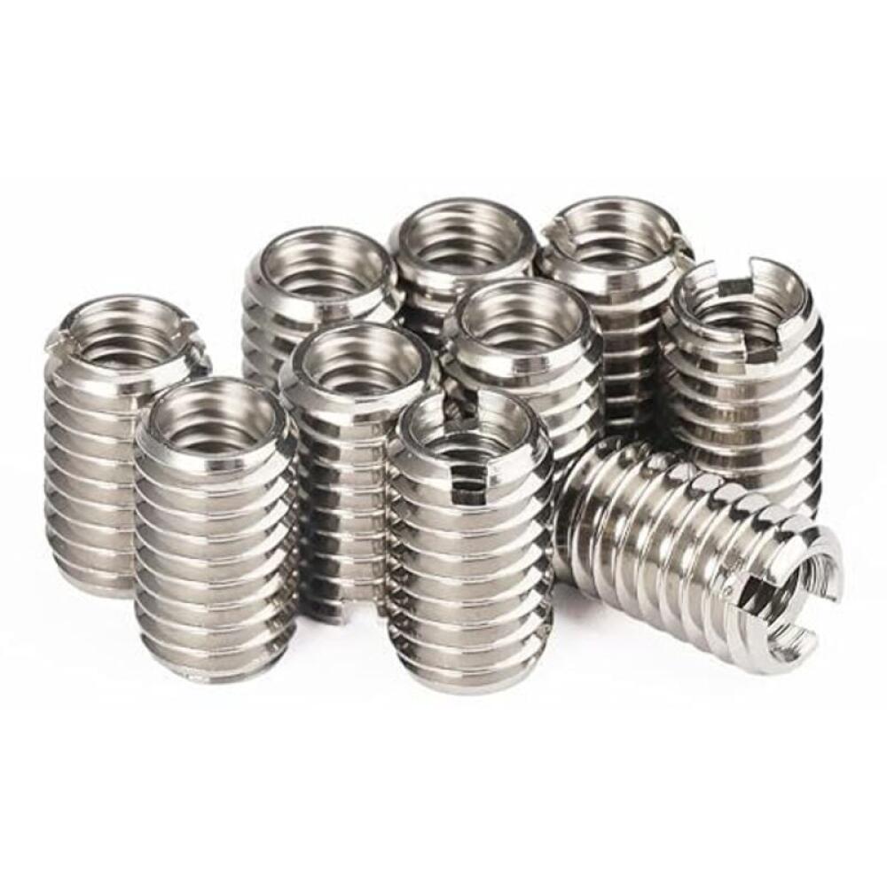 10 metalowych wkładek gwintowanych, gwint wewnętrzny M4 x 0,7 mm, gwint zewnętrzny M6 x 1 mm, długość 10 mm.