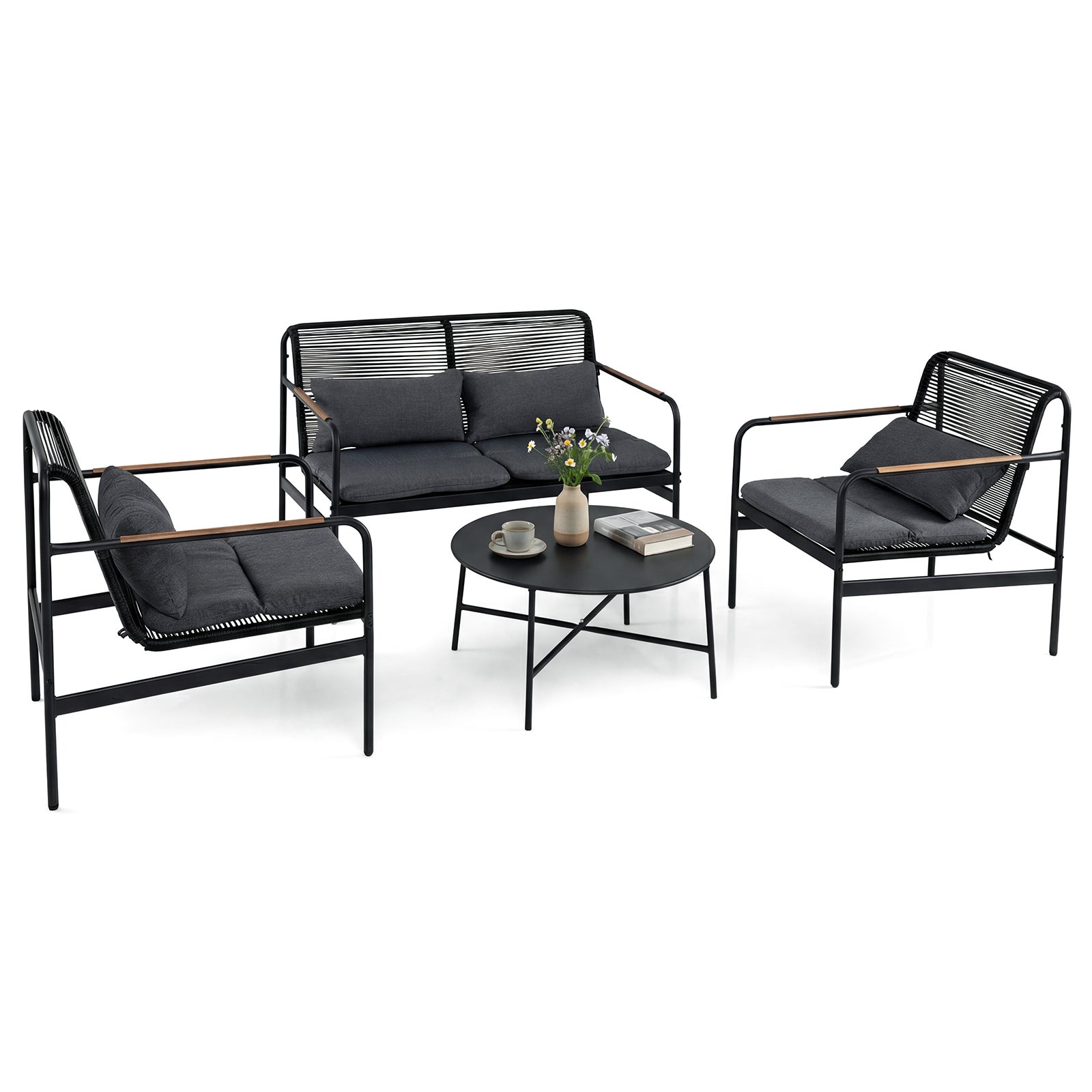 Set de mobilier de grădină din 4 piese, canapea dublă și 2 fotolii cu măsuță cafea, structură metalică, perne, canapea exterior din ratan PE