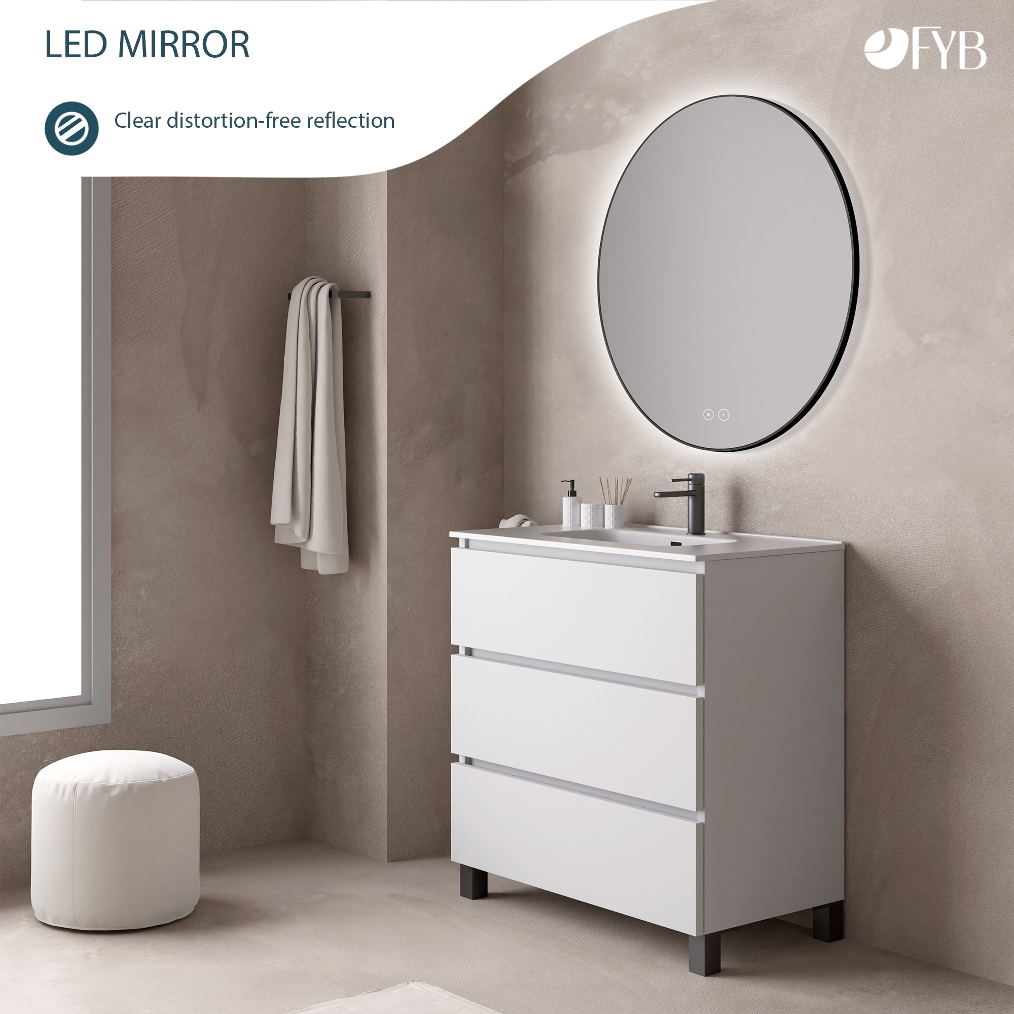 Feel Your Bath, Miroir Rond LED Réglable 80 cm, avec Interrupteur Tactile, Antibuée - Rétroéclairé Noir. - 2