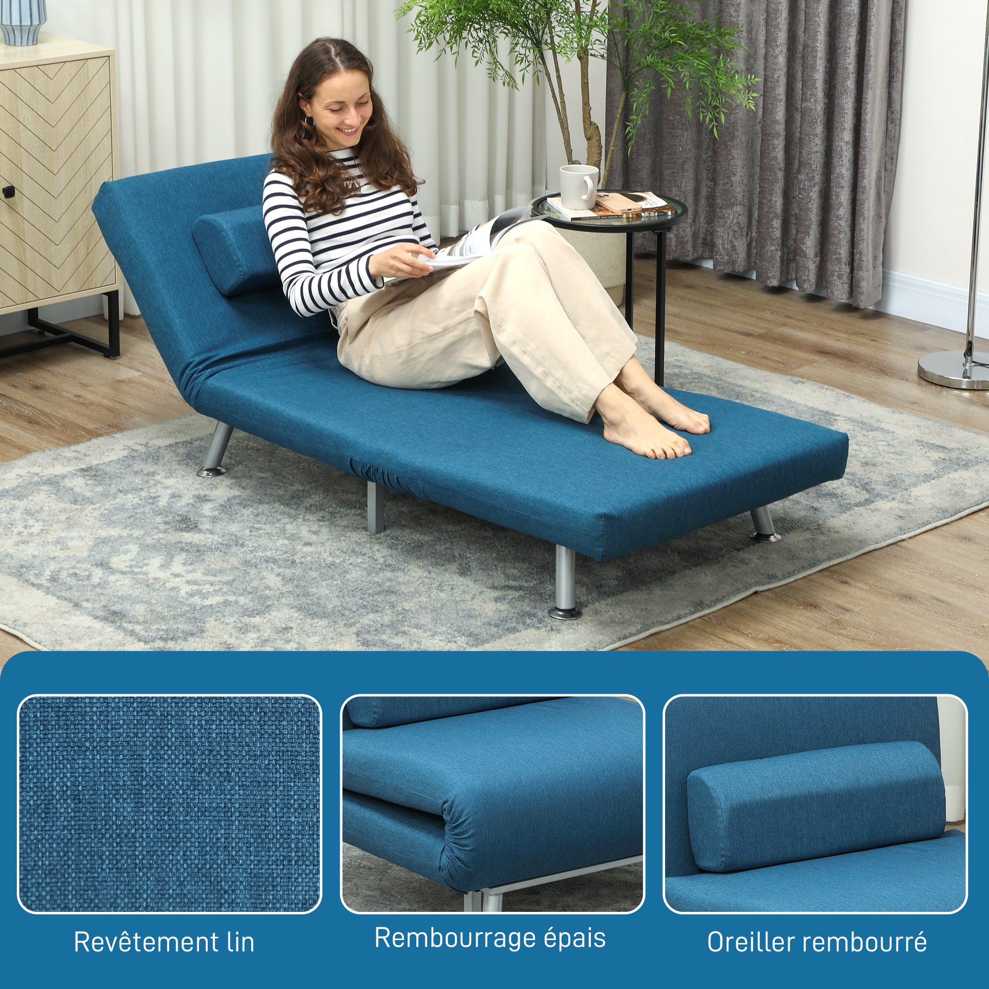 Fauteuil convertible 1 place tissu bleu HOMCOM - 6