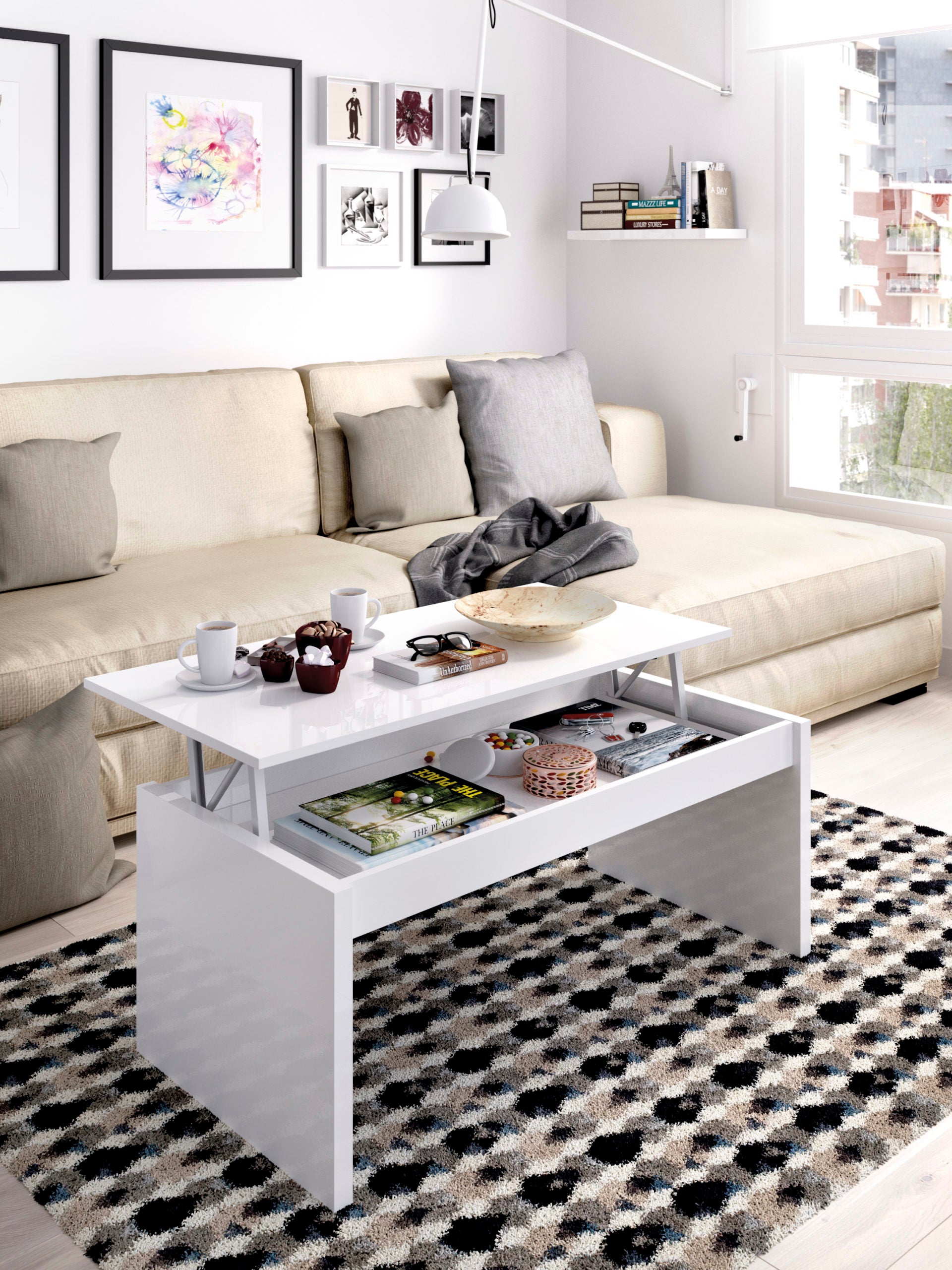 Table basse BASTIAN - Plateau relevable - Coloris blanc - 4