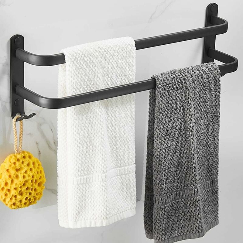 Aluminiowy wieszak ścienny na ręczniki – 2 poziomy – z haczykami – 50 cm – wodoodporny – czarny – do łazienki, kuchni, łazienki